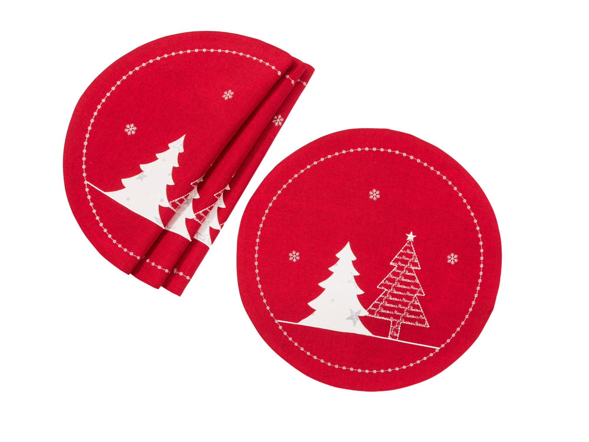 Set of 4 Lovely Christmas Tree placemats featuring embroidered designs on red and gray backgrounds, perfect for holiday dining.
