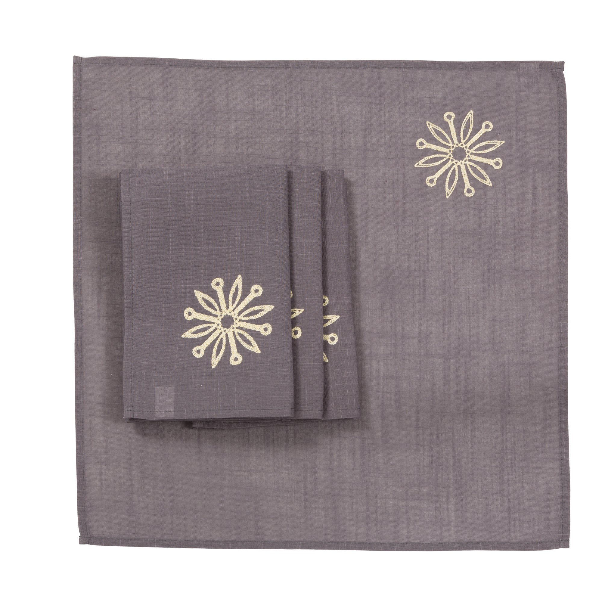 Set of 4 XD18903 Sparkling Snowflakes napkins featuring vivid snowflake embroidery on thick gray fabric, perfect for holiday dining.