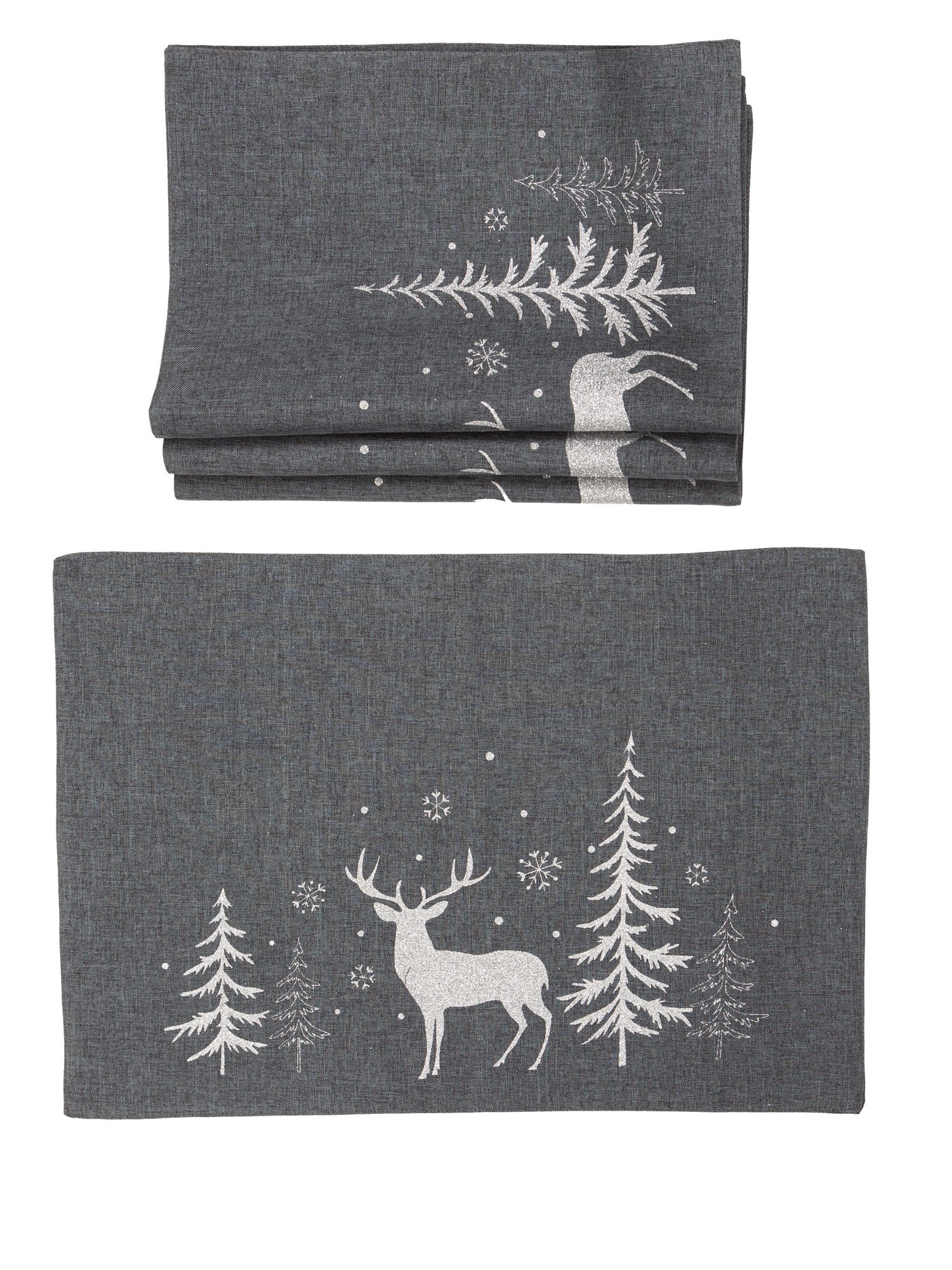 Set of 4 XD18905 Deer In Snowing Forest placemats featuring winter deer design on red and gray fabric.