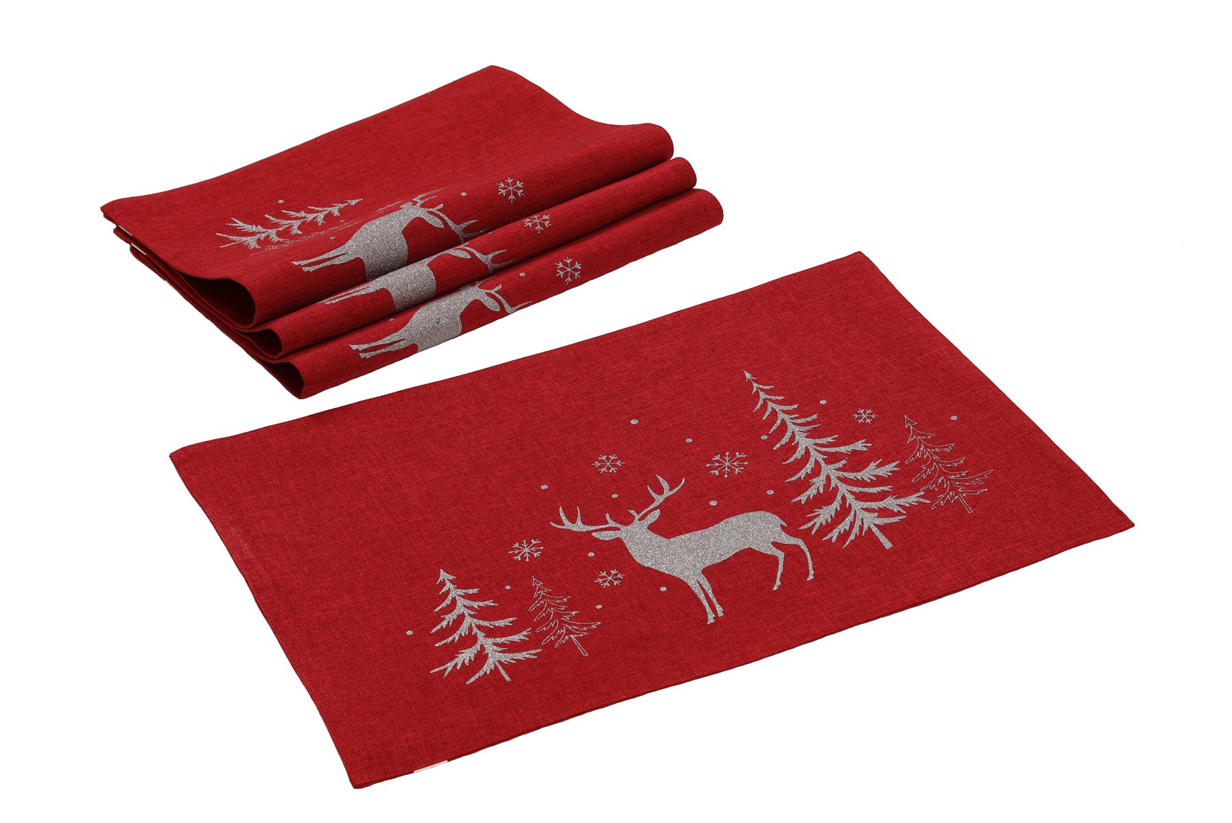 Set of 4 XD18905 Deer In Snowing Forest placemats featuring winter deer design on red and gray fabric.