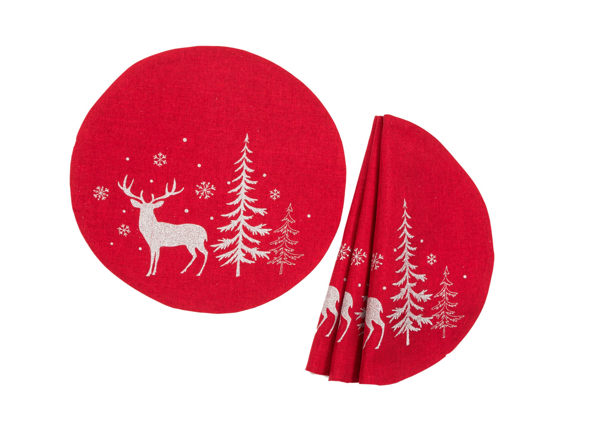 Set of 4 XD18905 Deer In Snowing Forest placemats featuring shimmering deer on red and gray fabric, perfect for holiday dining.