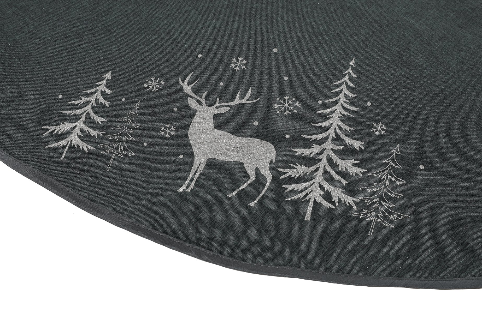 XD18905 Deer In Snowing Forest 56'' Tree Skirt featuring shimmering deer in a snow-covered forest on red or gray fabric.