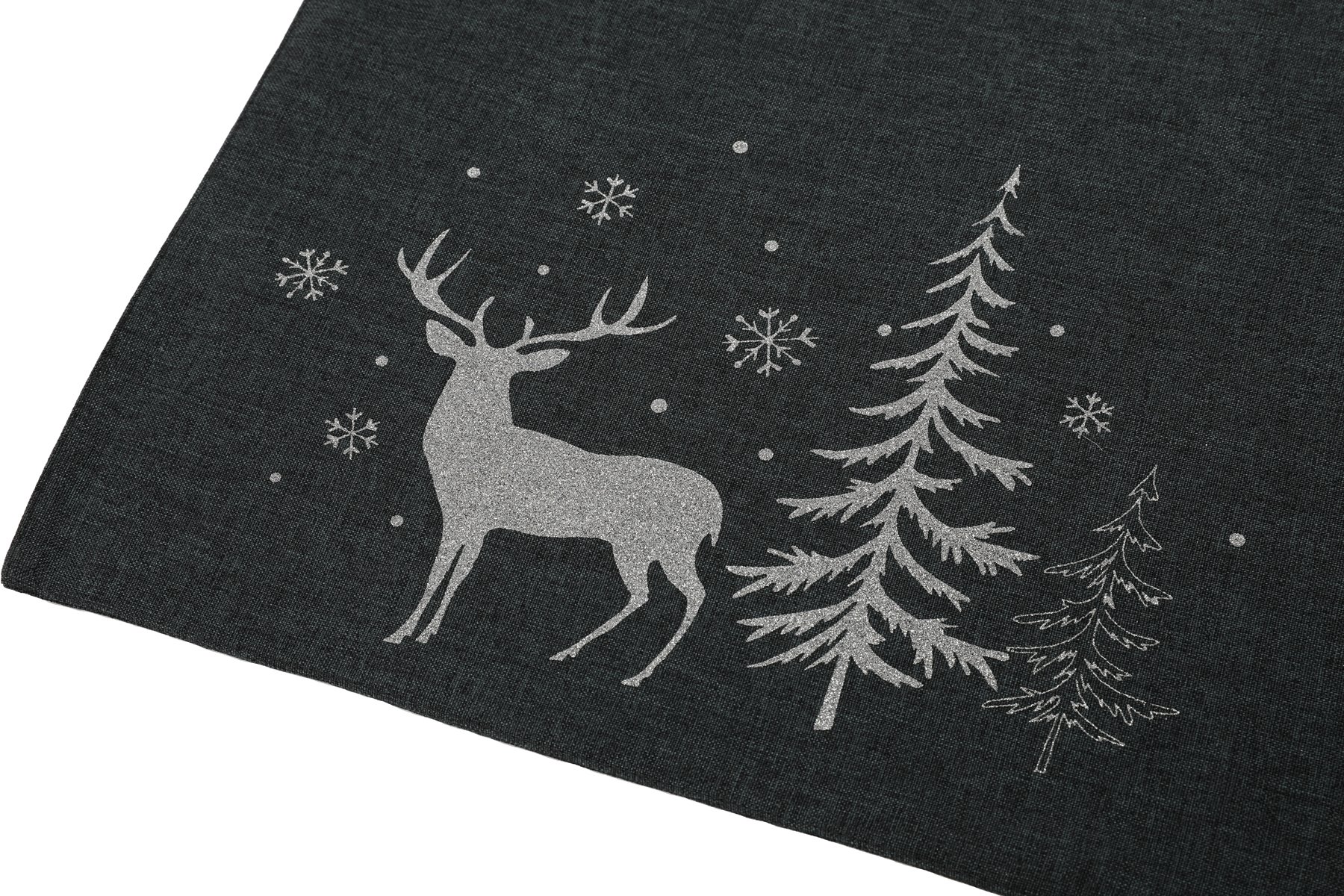 XD18905 Deer In Snowing Forest Table Runner featuring shimmering deer in a winter forest on red or gray fabric, perfect for holiday dining.