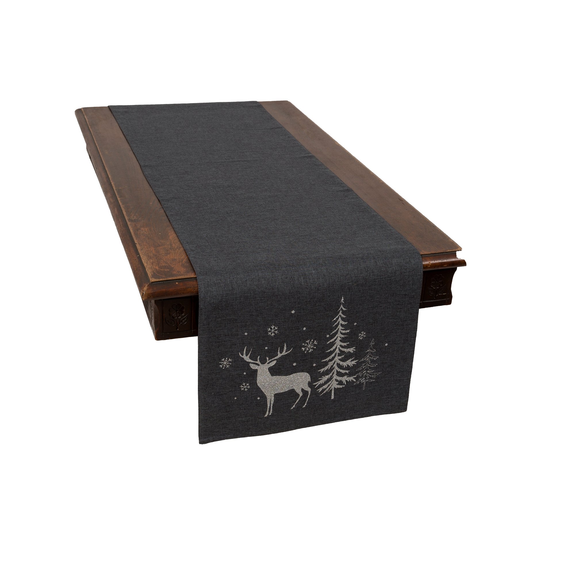 XD18905 Deer In Snowing Forest Table Runner featuring shimmering deer in a winter forest on red or gray fabric, perfect for holiday dining.