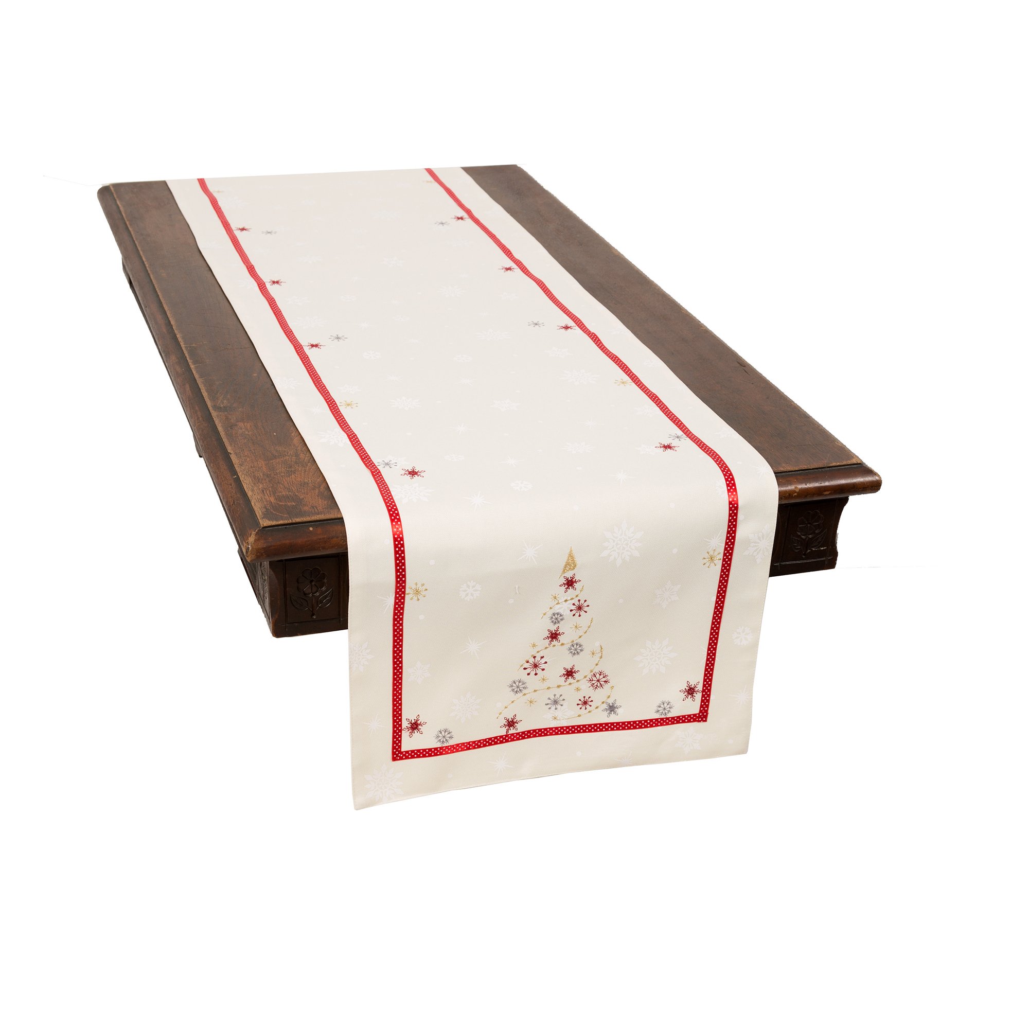 XD18908 Festive Christmas Tree Table Runner with crystal snowflakes on winter white fabric, perfect for holiday dining.