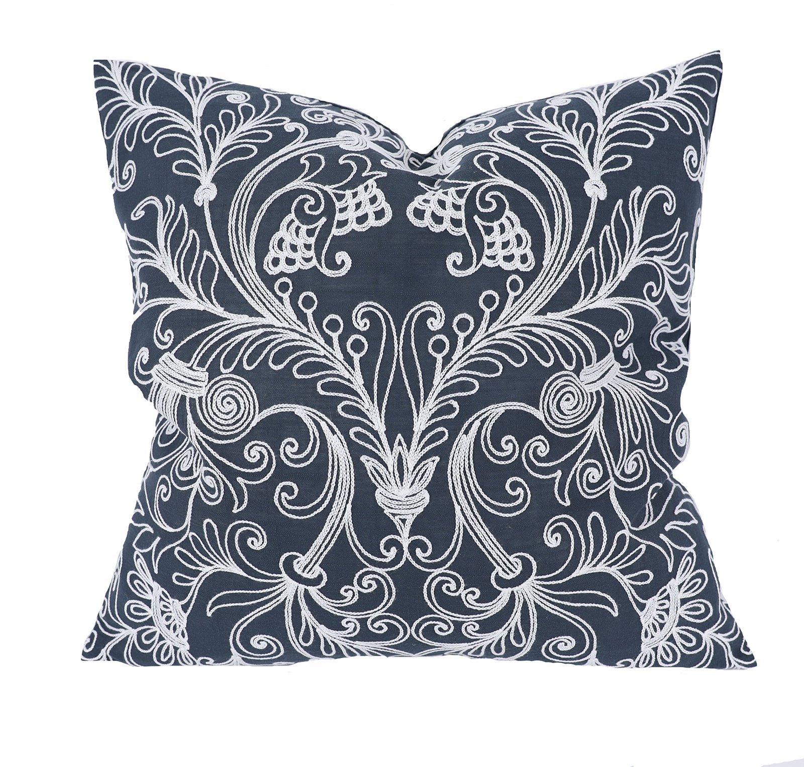 20 by 20-inch Jacquard Crewel Embroidered Pillow with floral design in Ocean Green, Gray, Navy Blue, and Natural colors, featuring a soft feather insert.