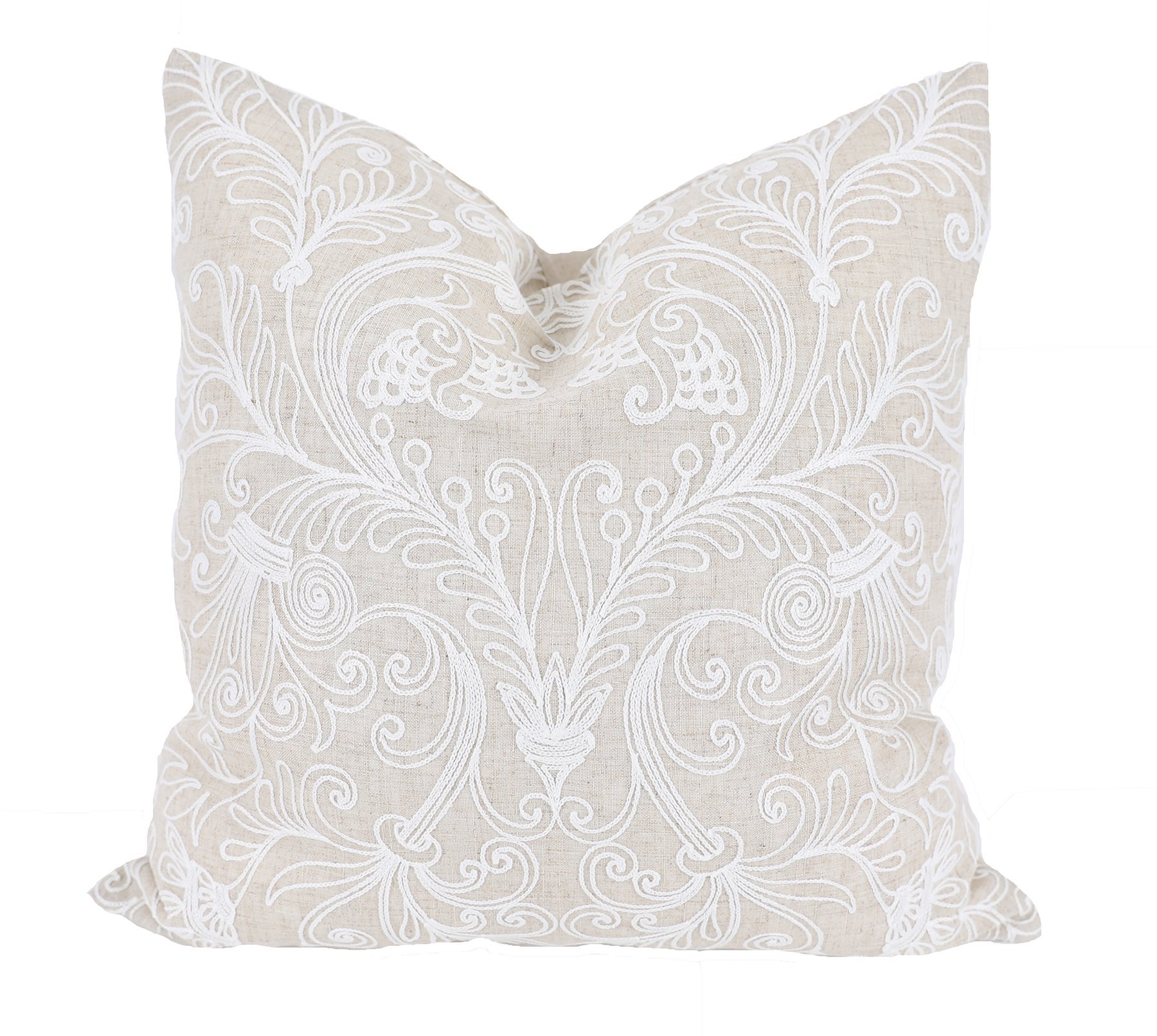 20 by 20-inch Jacquard Crewel Embroidered Pillow with floral design in Ocean Green, Gray, Navy Blue, and Natural colors, featuring a soft feather insert.