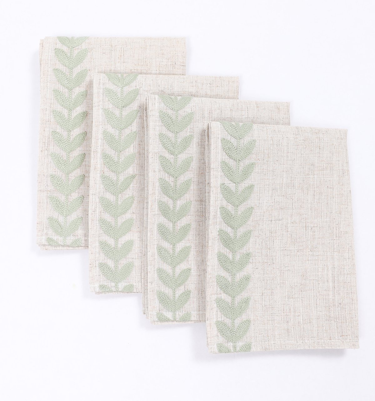 20 by 20-inch Cute Leaves Crewel Embroidered Napkins in Pine Green, featuring elegant leaf designs on a premium linen fabric.