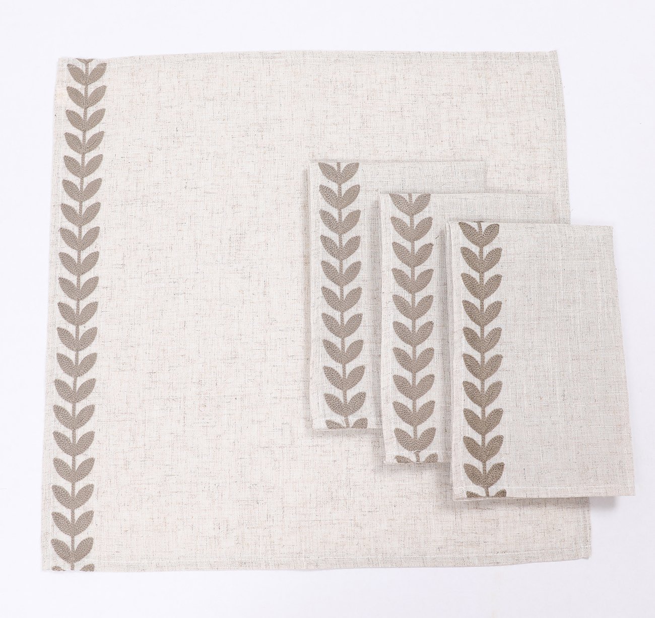 20 by 20-inch Cute Leaves Crewel Embroidered Napkins in Pine Green, featuring elegant leaf designs on a premium linen fabric.