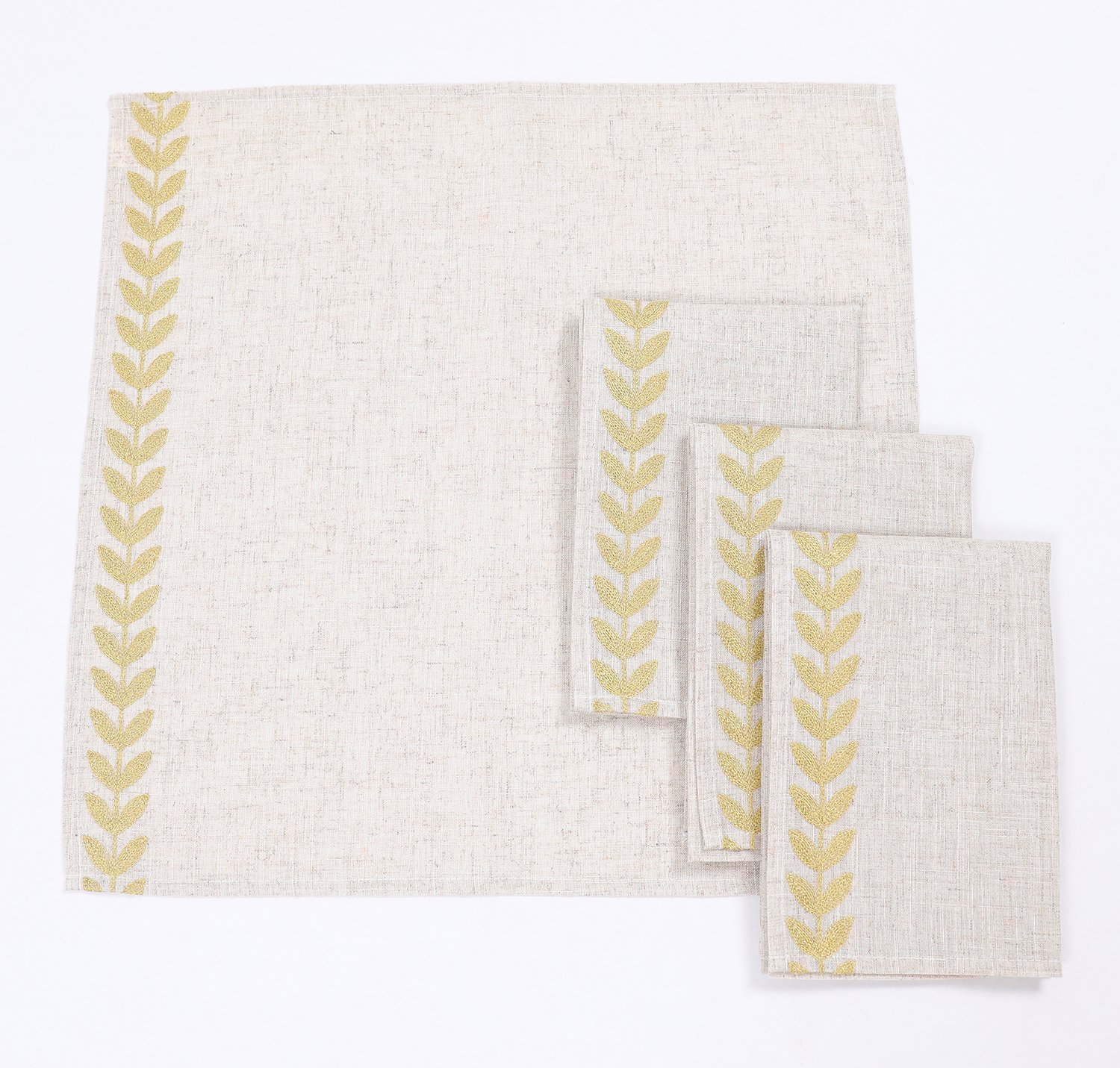 20 by 20-inch Cute Leaves Crewel Embroidered Napkins in Pine Green, featuring elegant leaf designs on a premium linen fabric.