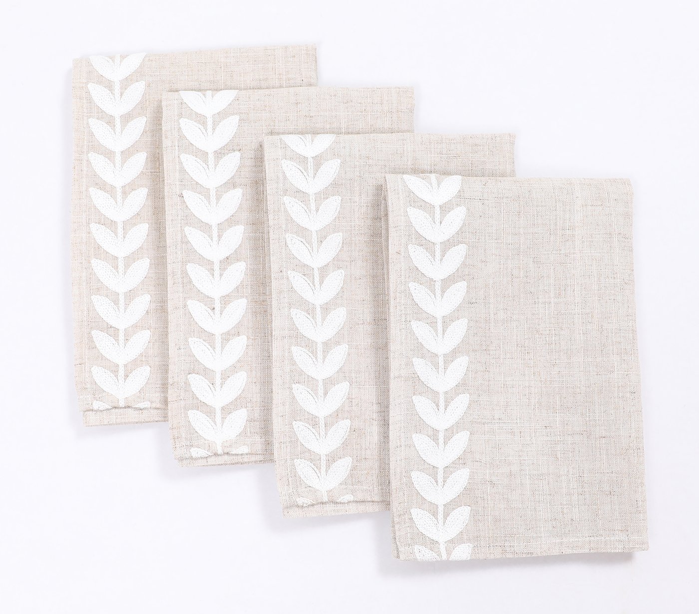 20 by 20-inch Cute Leaves Crewel Embroidered Napkins in Pine Green, featuring elegant leaf designs on a premium linen fabric.