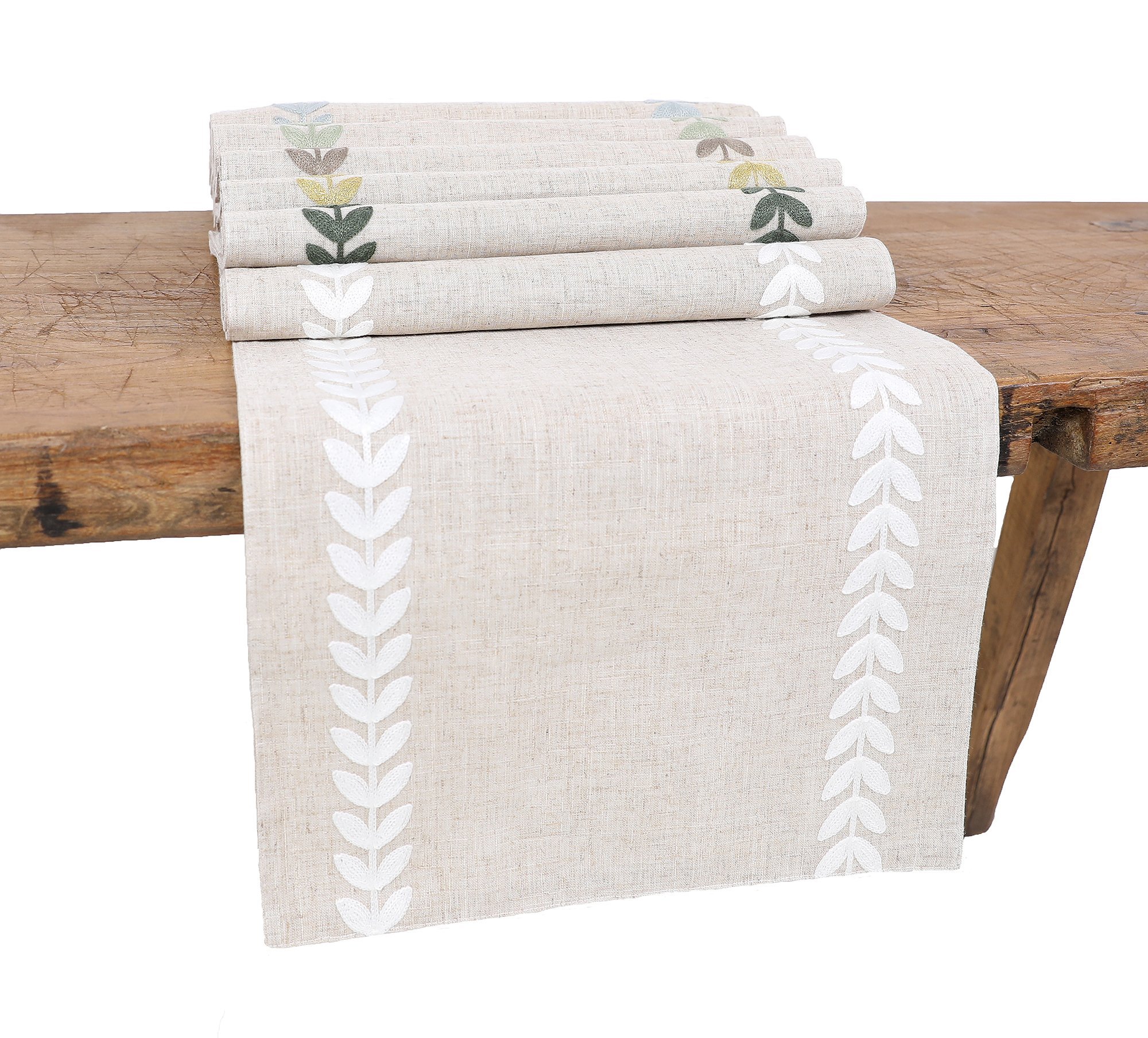 XD19203 Cute Leaves Crewel Embroidered Table Runner featuring elegant leaf designs on a linen fabric.