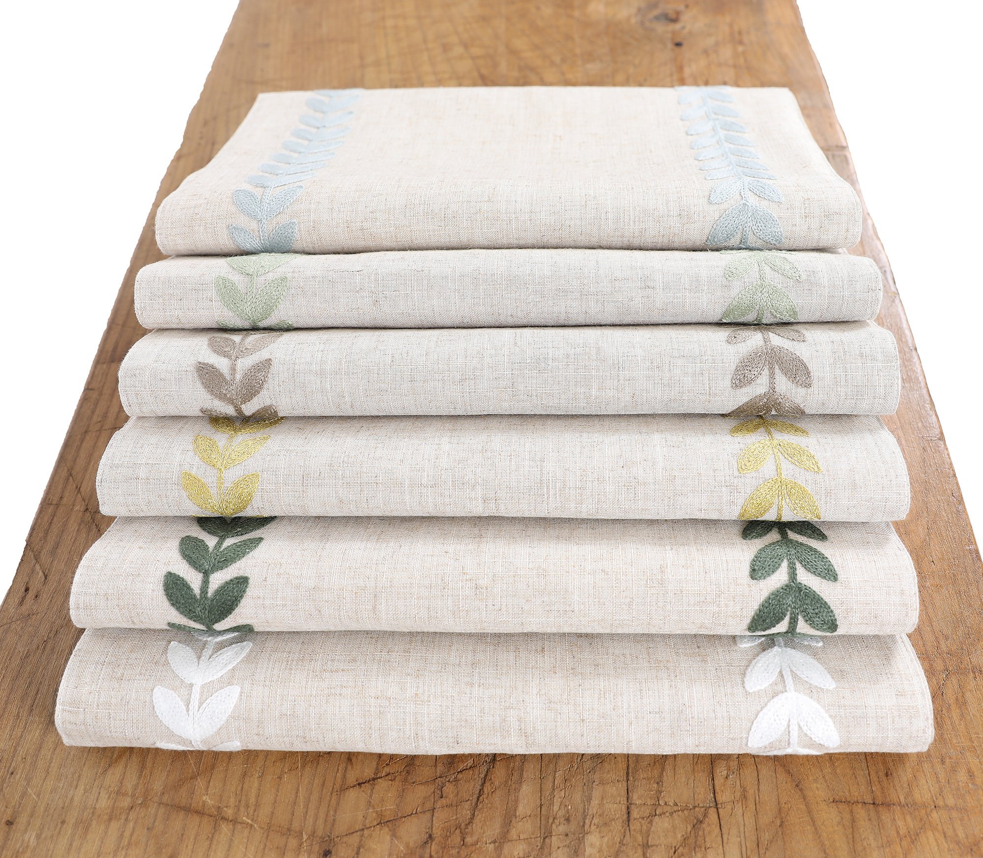 XD19203 Cute Leaves Crewel Embroidered Table Runner featuring elegant leaf designs on a linen fabric.