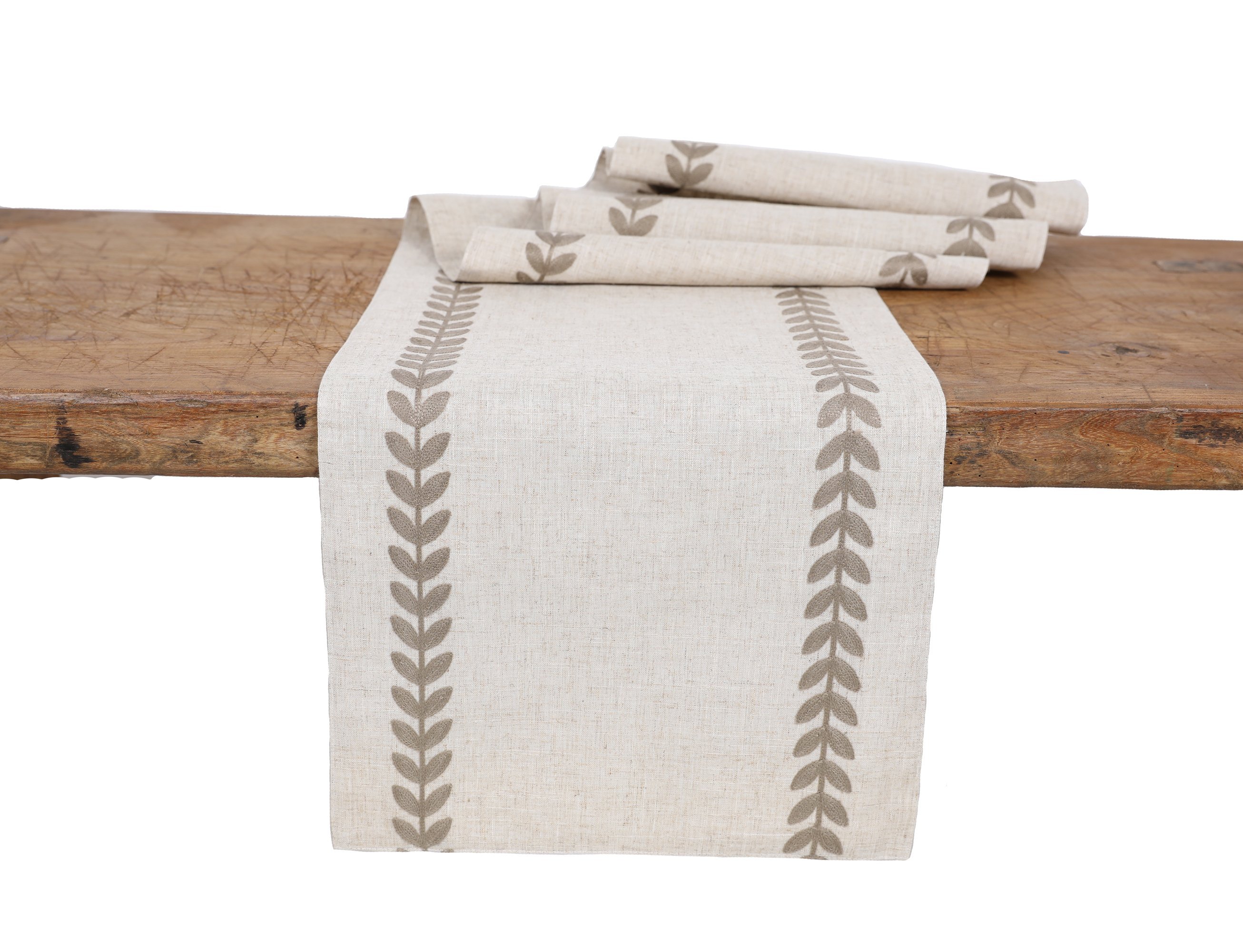 XD19203 Cute Leaves Crewel Embroidered Table Runner featuring elegant leaf designs on a linen fabric.