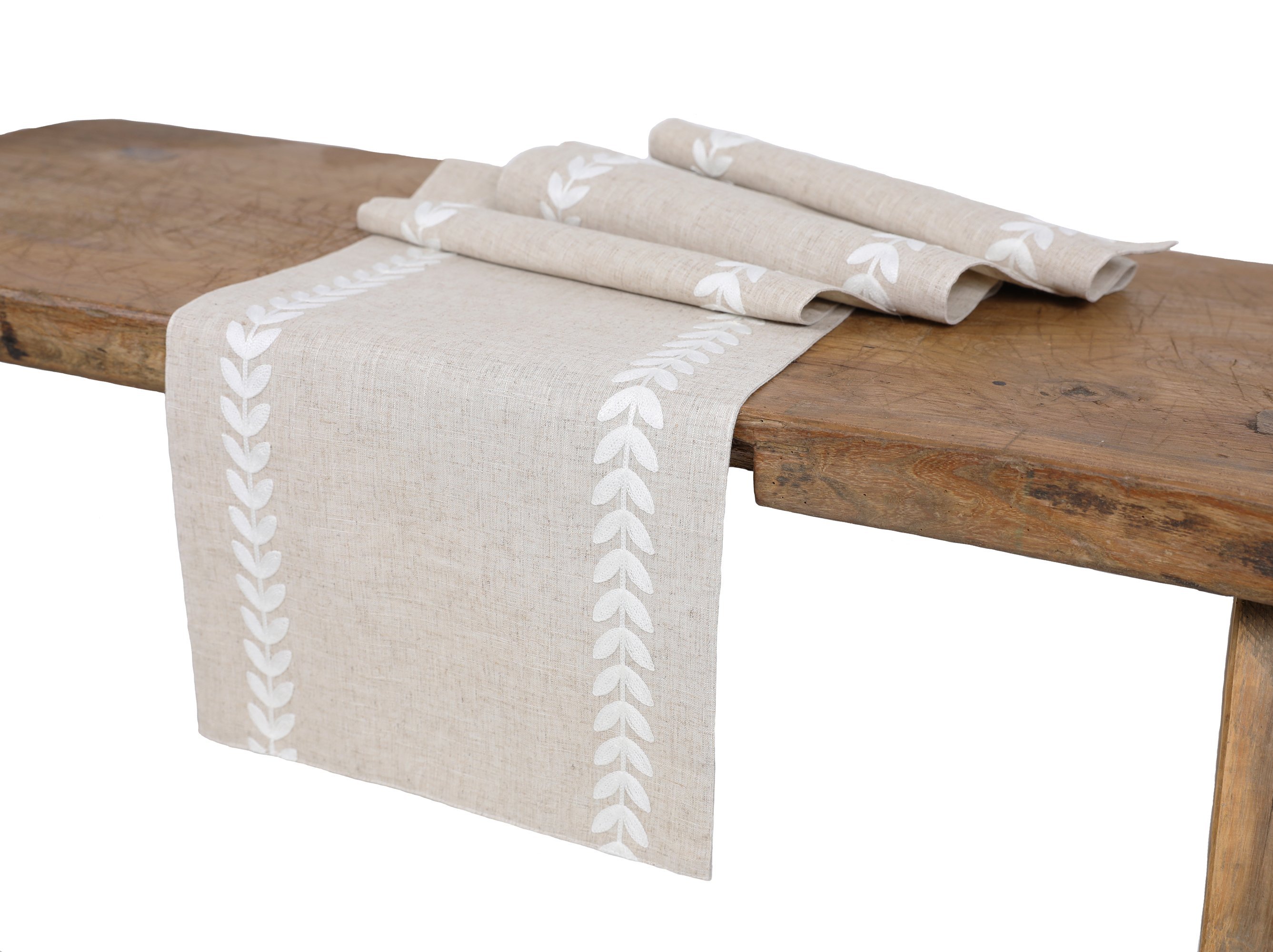 XD19203 Cute Leaves Crewel Embroidered Table Runner featuring elegant leaf designs on a linen fabric.