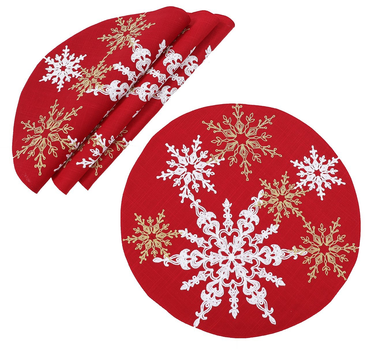 XD19802 Magical Snowflakes Crewel Embroidered Christmas Placemats featuring colorful snowflakes on red and blue backgrounds.