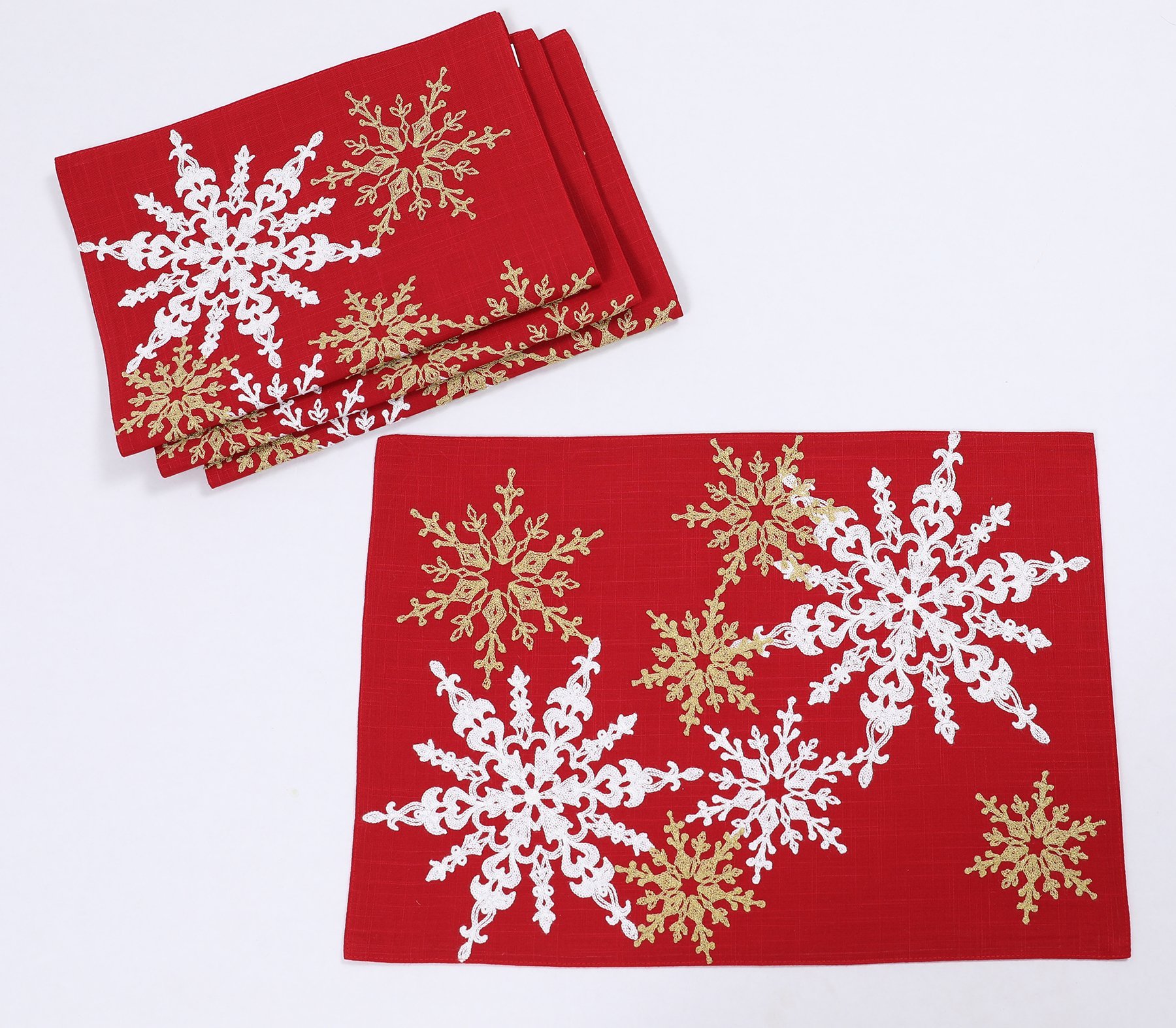 Magical Snowflakes Crewel Embroidered Christmas Placemats featuring colorful snowflakes on a red background, perfect for holiday dining.