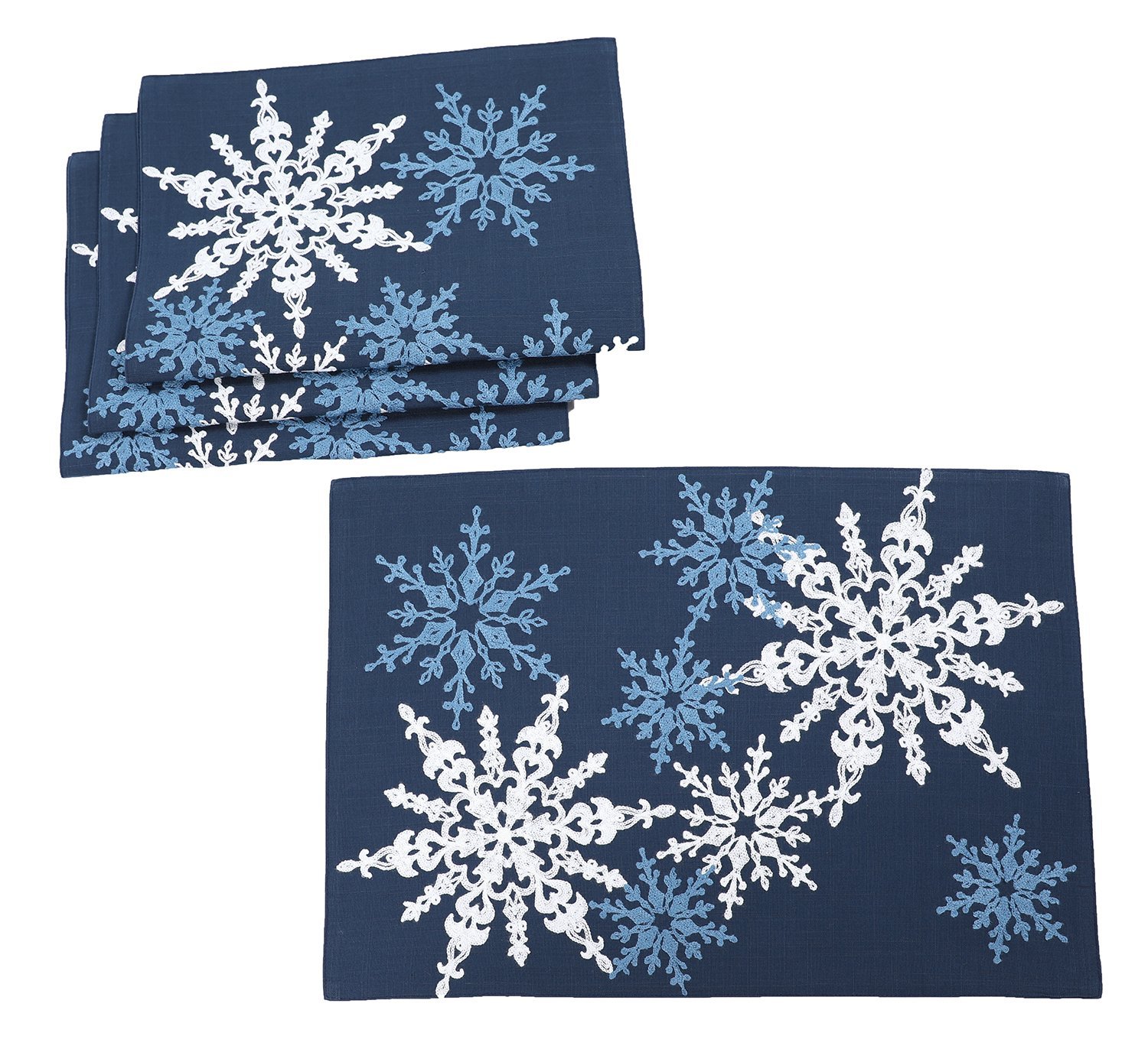 Magical Snowflakes Crewel Embroidered Christmas Placemats featuring colorful snowflakes on a red background, perfect for holiday dining.