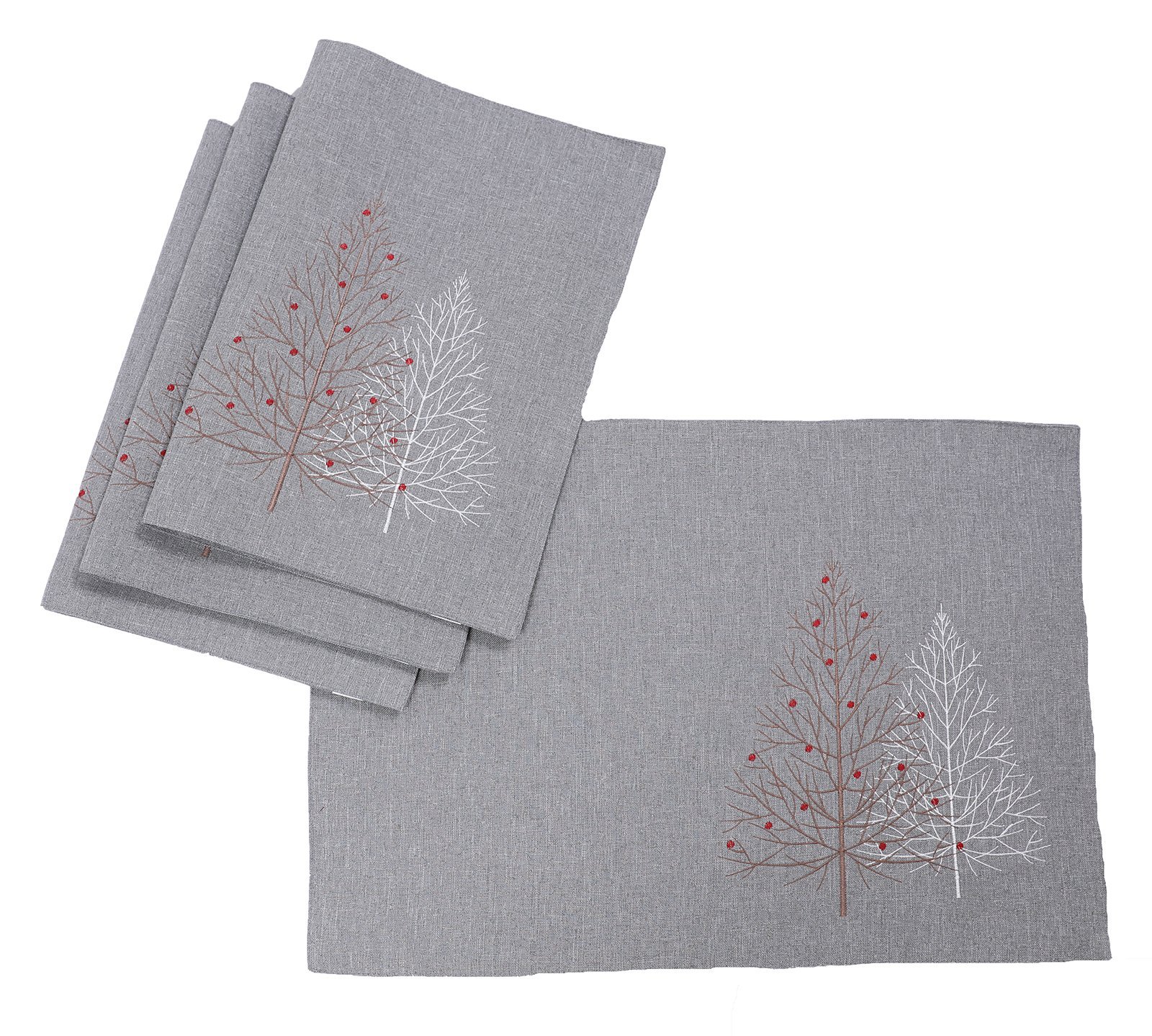 XD19803 Festive Trees Embroidered Christmas Placemats featuring elegant white and winter berry tree designs on a white background.