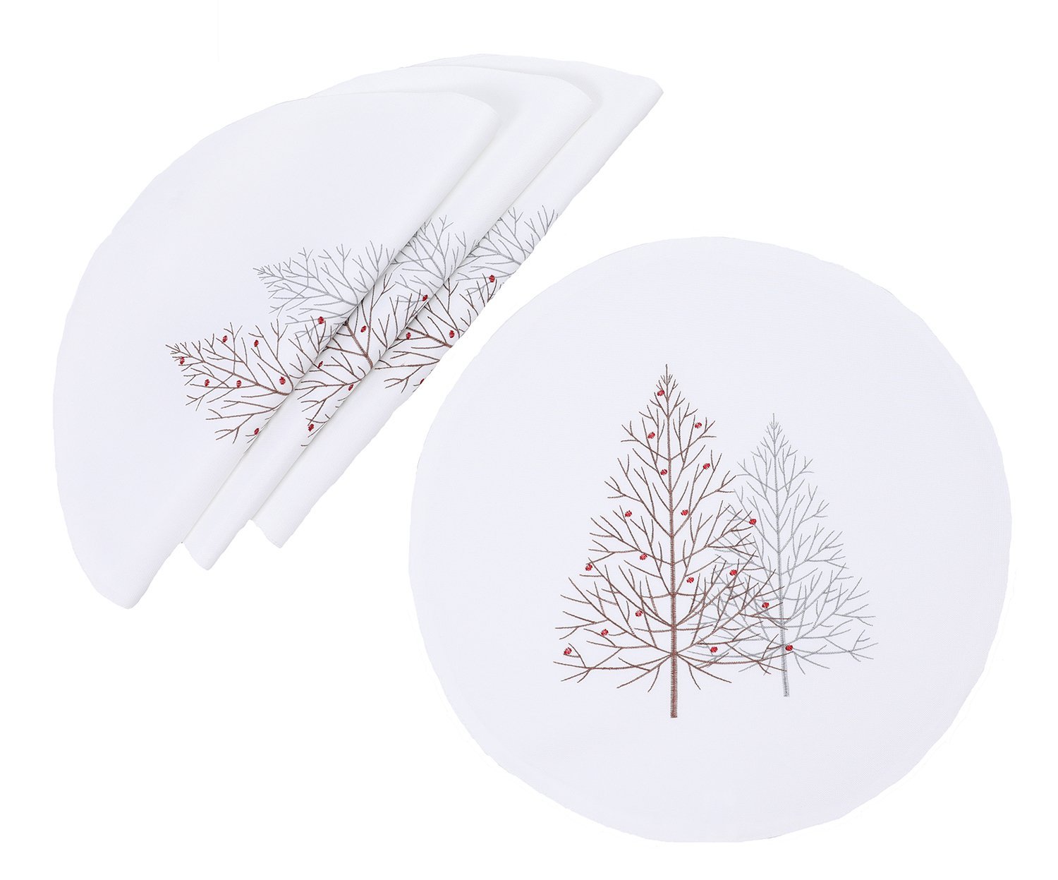 16-inch round Christmas placemats featuring embroidered white and winterberry trees on a white background, perfect for holiday dining.