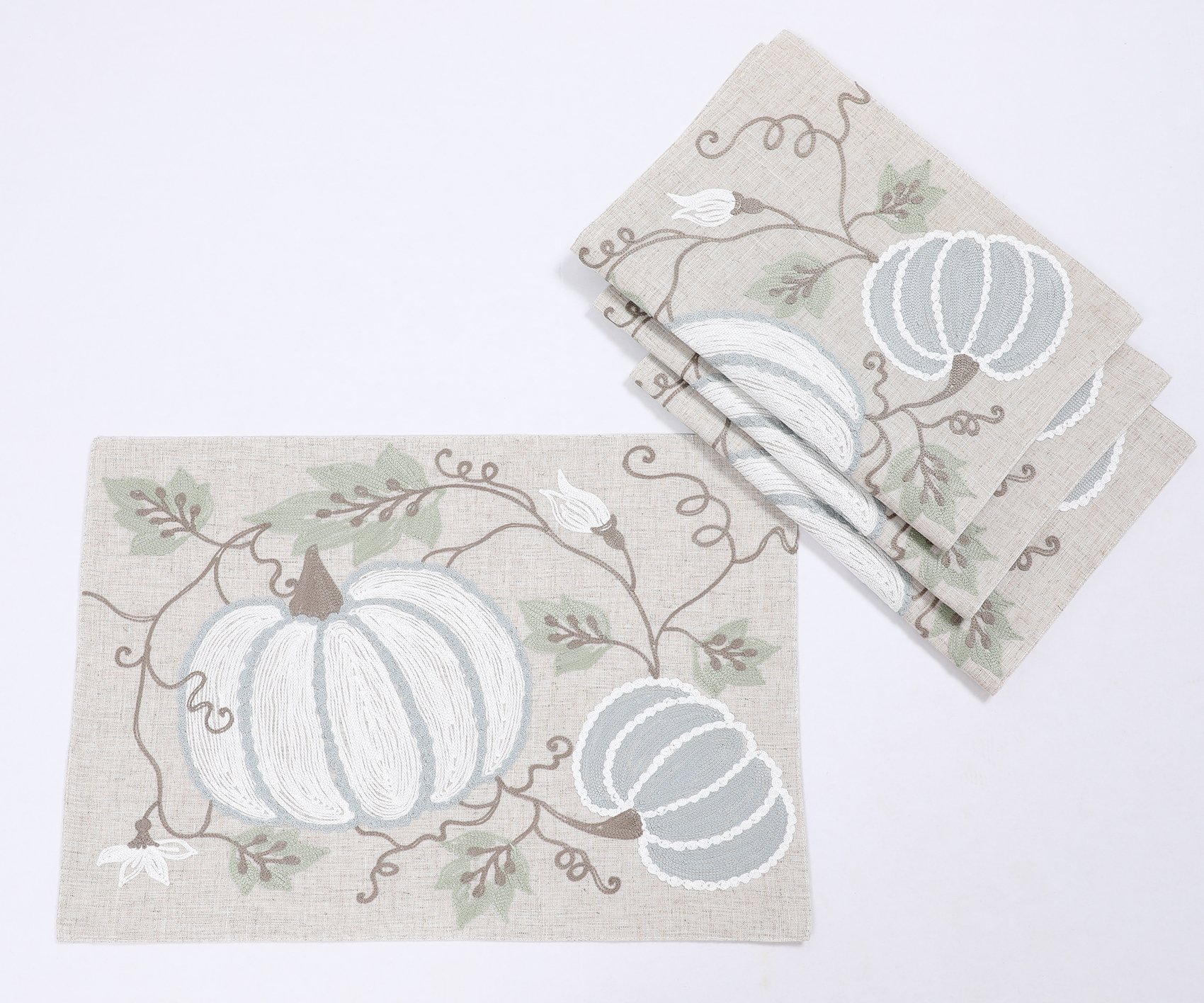 Harvest Pumpkins and Vines Crewel Embroidered Fall Placemats featuring intricate embroidery in blue, white, and green colors, perfect for autumn dining.