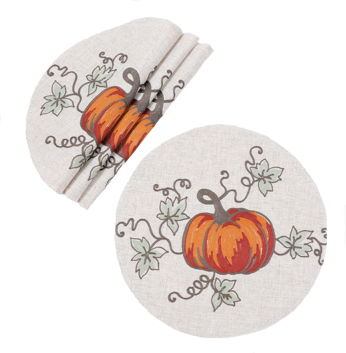Rustic pumpkin crewel embroidered placemats featuring intricate designs of pumpkins and vines, perfect for fall dining.