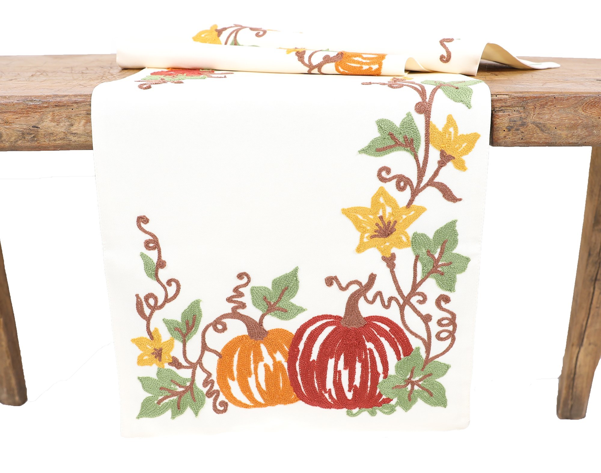 XD19809 Happy Fall Pumpkins Crewel Embroidered Table Runner featuring vibrant pumpkin and vine designs on rich cream fabric.