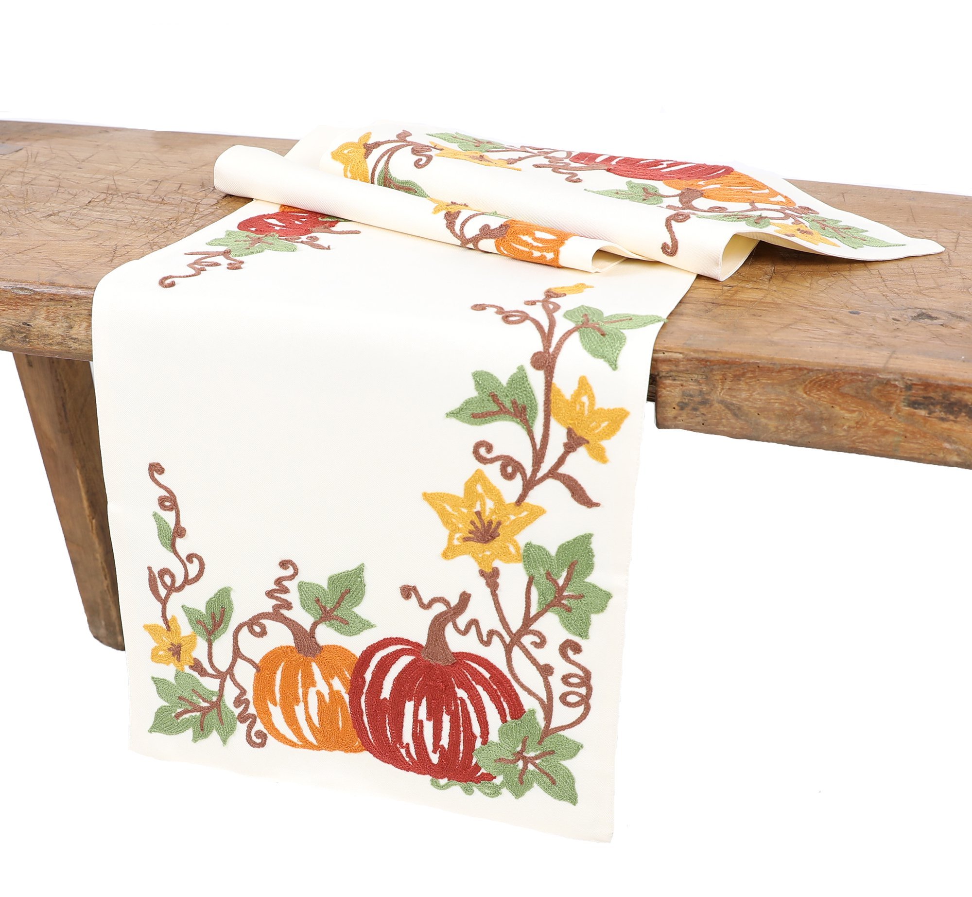 XD19809 Happy Fall Pumpkins Crewel Embroidered Table Runner featuring vibrant pumpkin and vine designs on rich cream fabric.
