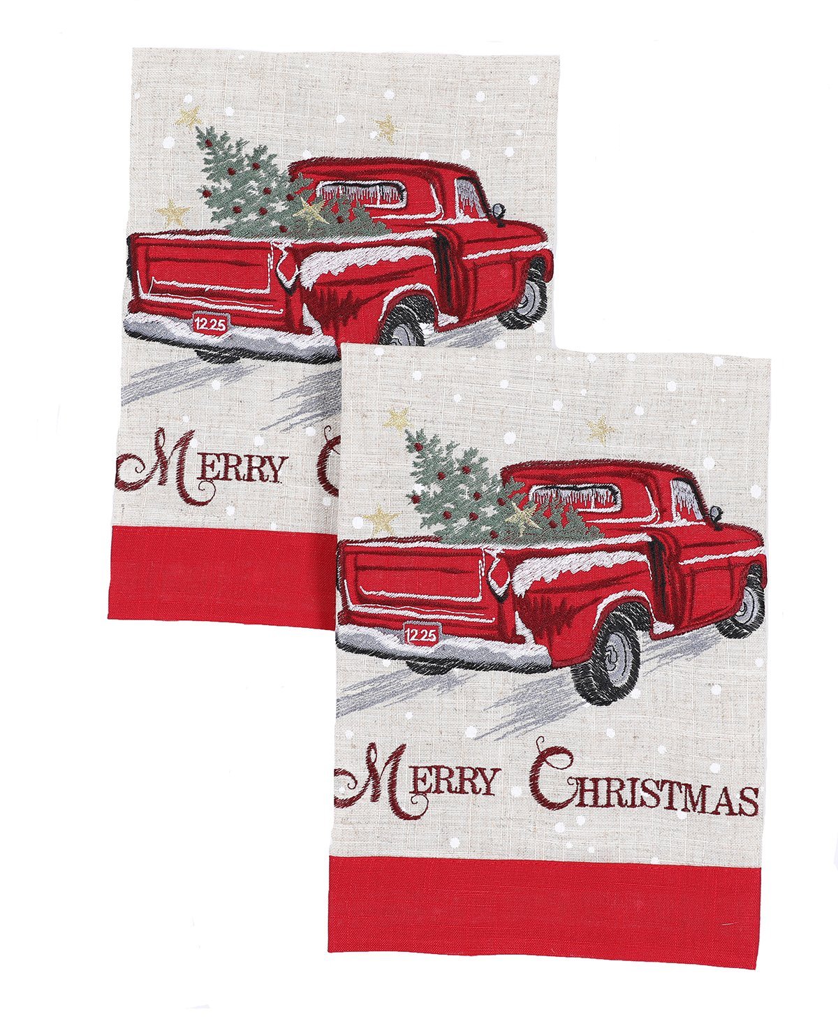 Whimsical red pick-up truck decorative towel featuring a Christmas tree and embroidered 'Merry Christmas' text.