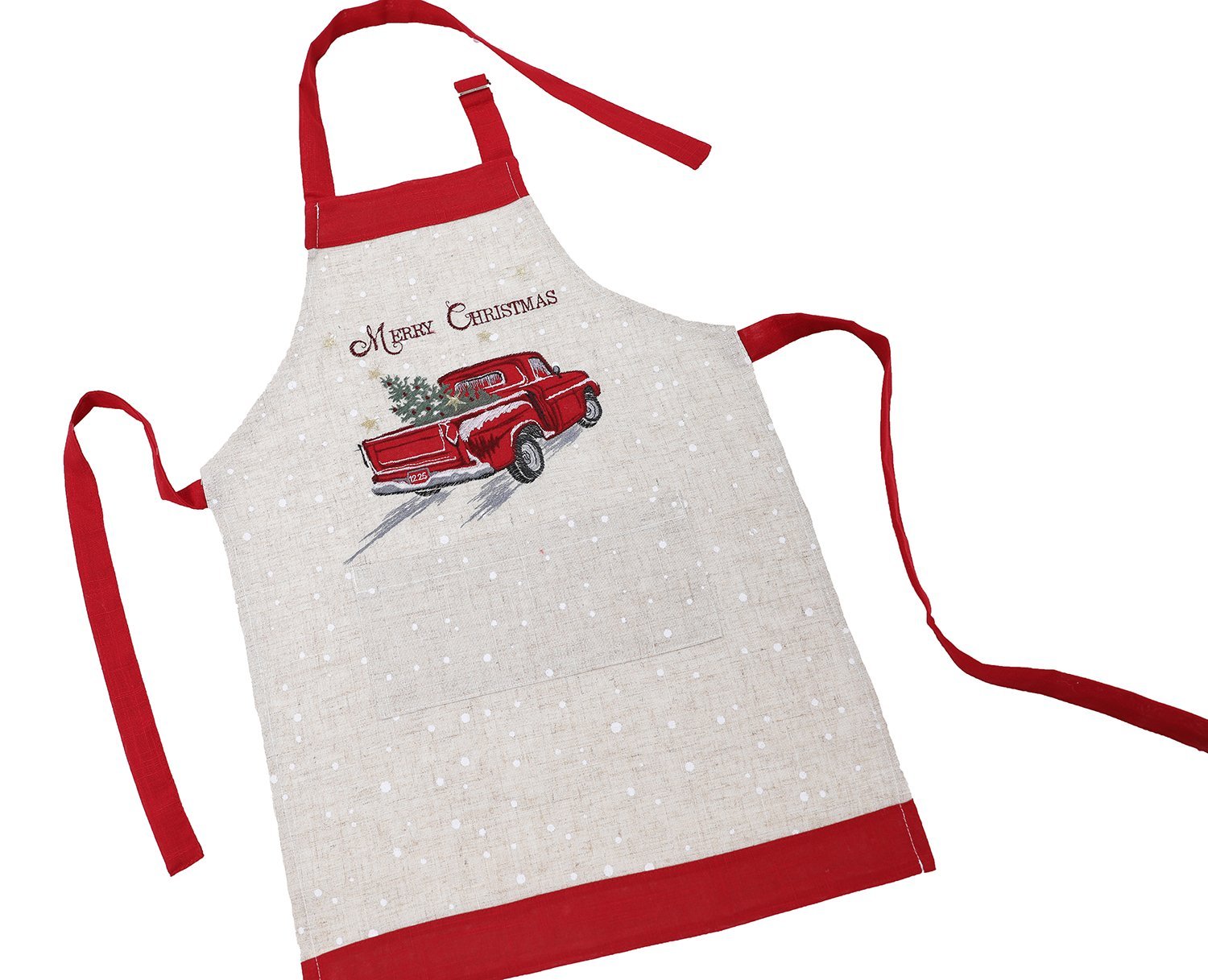 Merry Christmas Truck Embroidered Apron featuring a red pick-up truck with a Christmas tree, gold stars, and festive embroidery.
