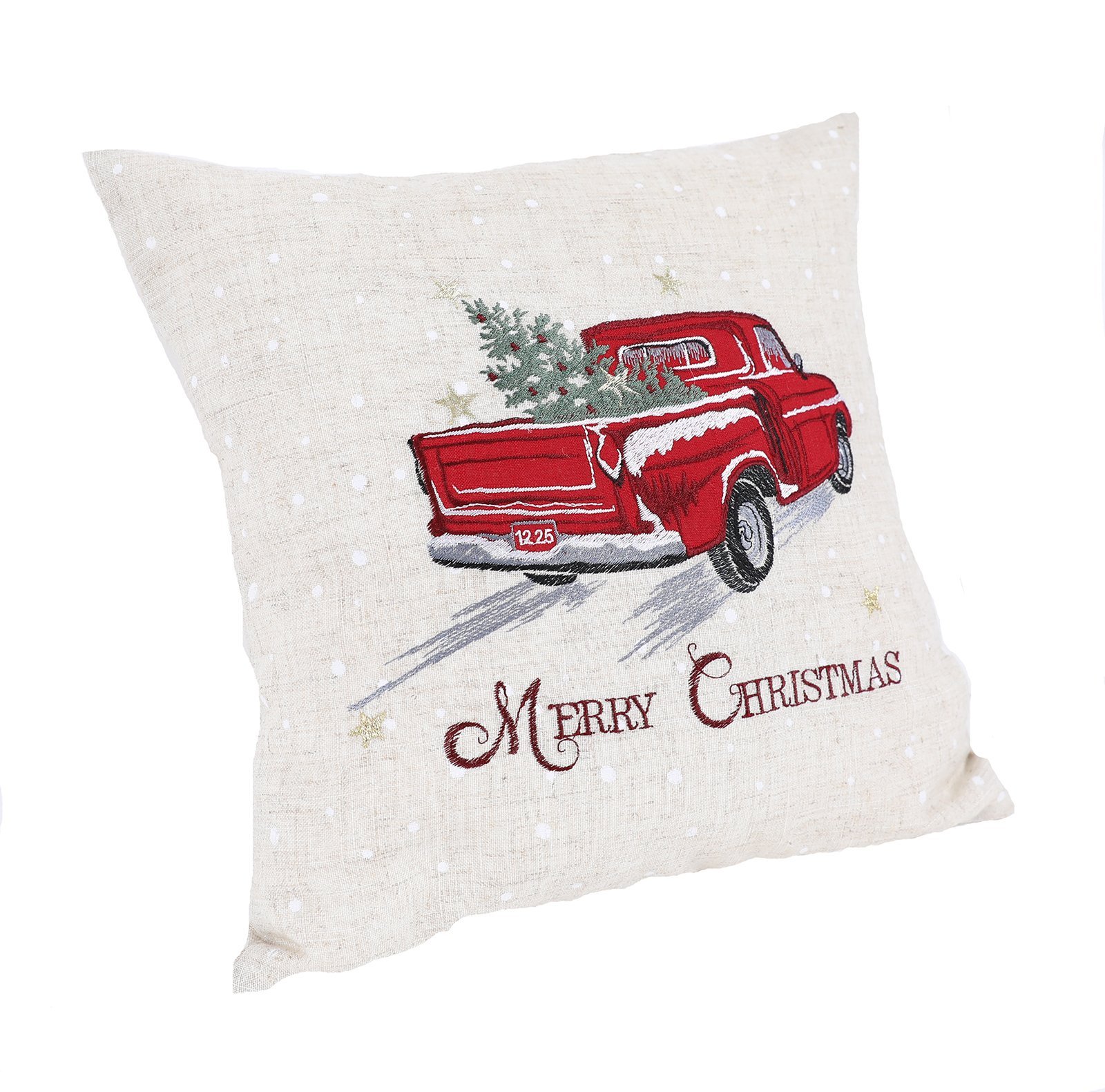 14 by 14-inch Merry Christmas Truck Embroidered Pillow featuring a red truck with a Christmas tree and gold stars.