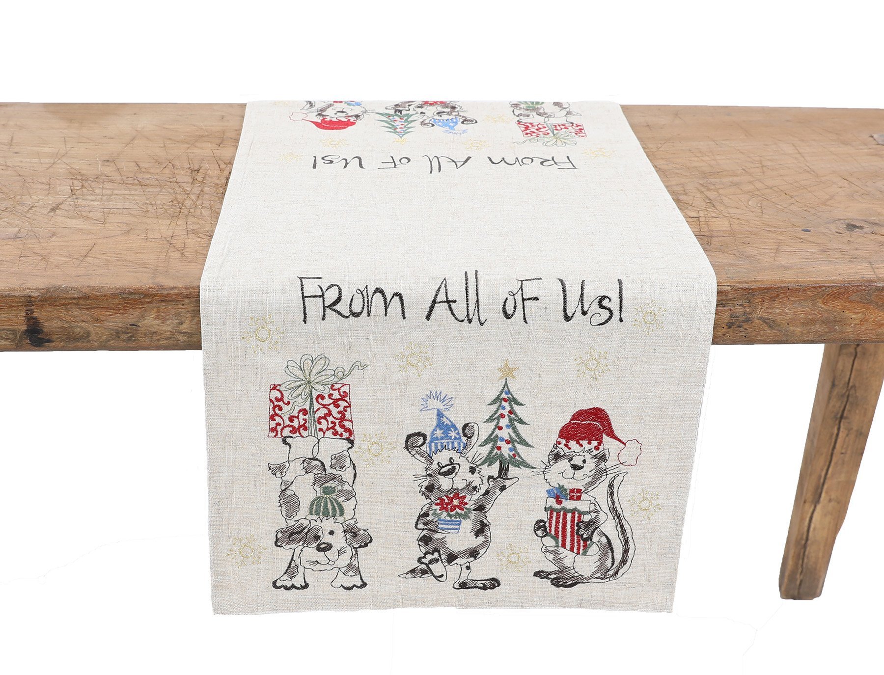 Embroidered table runner featuring cheerful cats and dogs with holiday gifts and a Christmas tree, perfect for festive table settings.