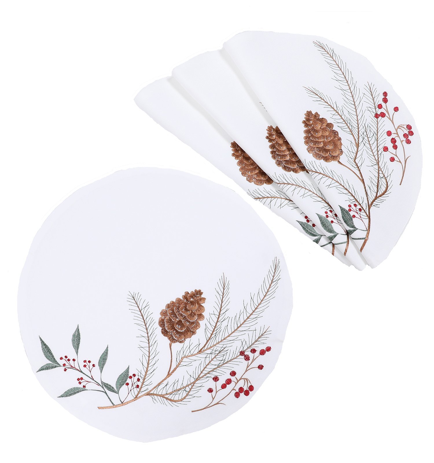 Pinecone and berry embroidered Christmas placemats on a white background, showcasing intricate holiday designs.