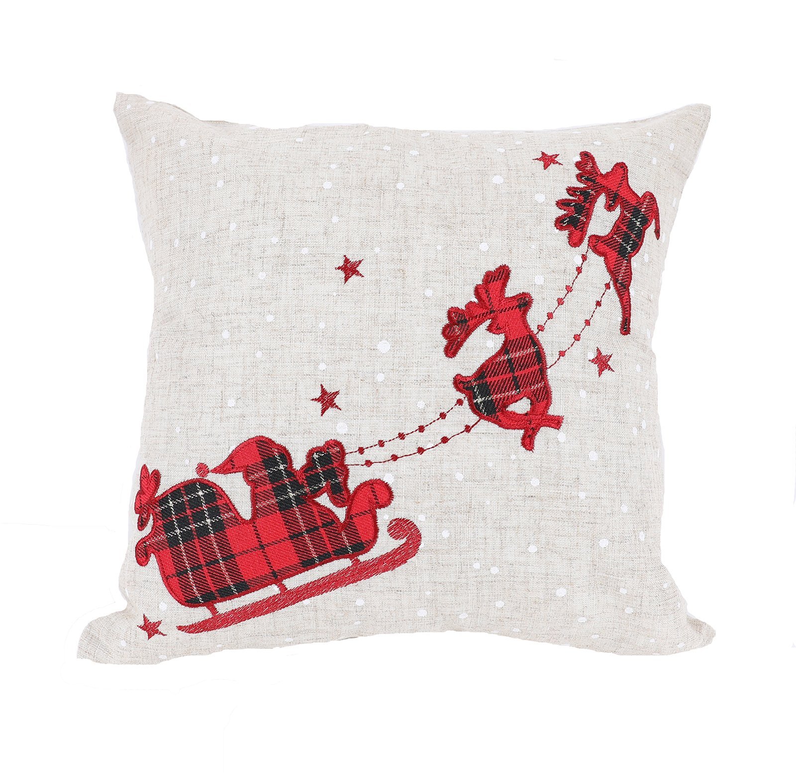 XD19881-Applique Tartan Santa Sleigh Christmas Pillow featuring Santa and reindeer on a snow dot printed fabric.