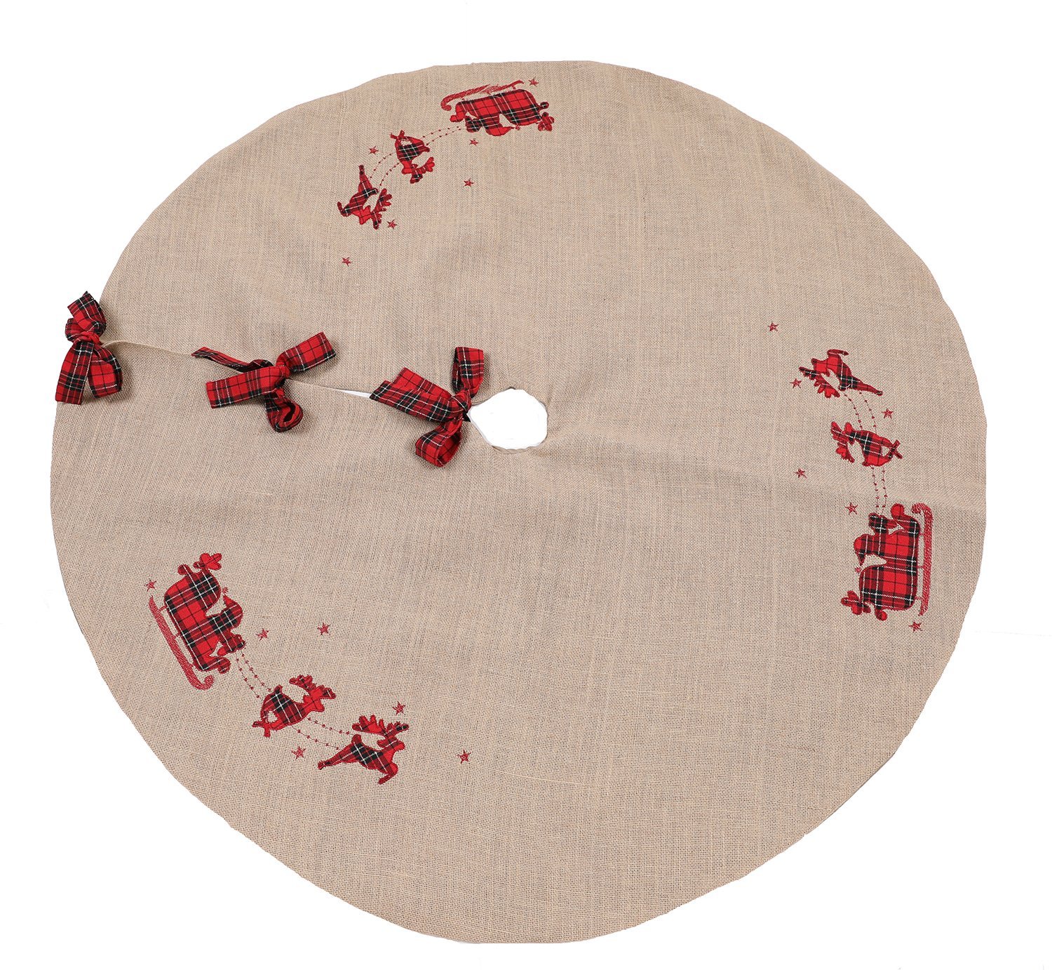 XD19881 Applique Tartan Santa Sleigh with reindeers, featuring a classic plaid design on a snow dot printed linen blend fabric.