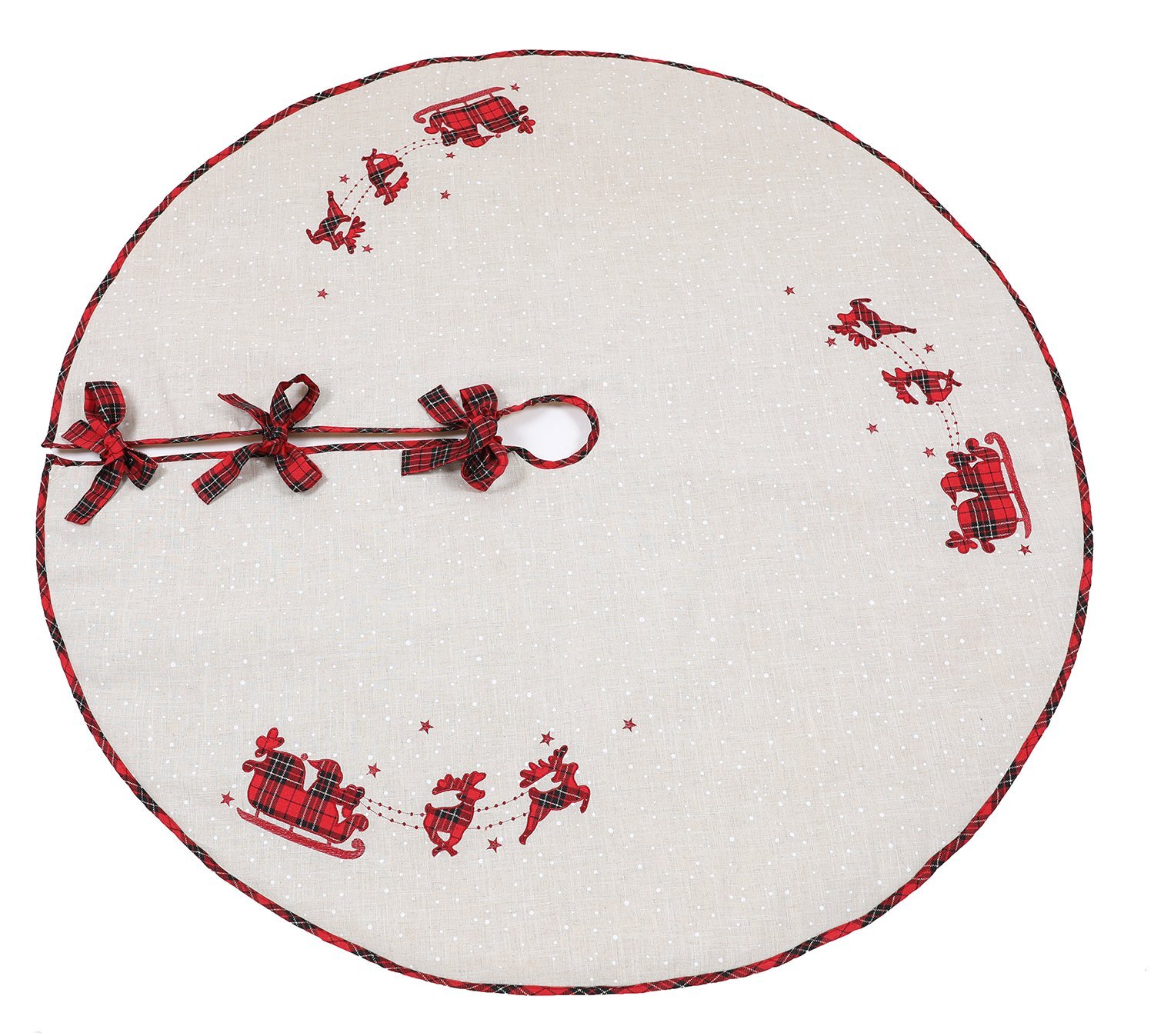 XD19881 Applique Tartan Santa Sleigh with reindeers, featuring a classic plaid design on a snow dot printed linen blend fabric.