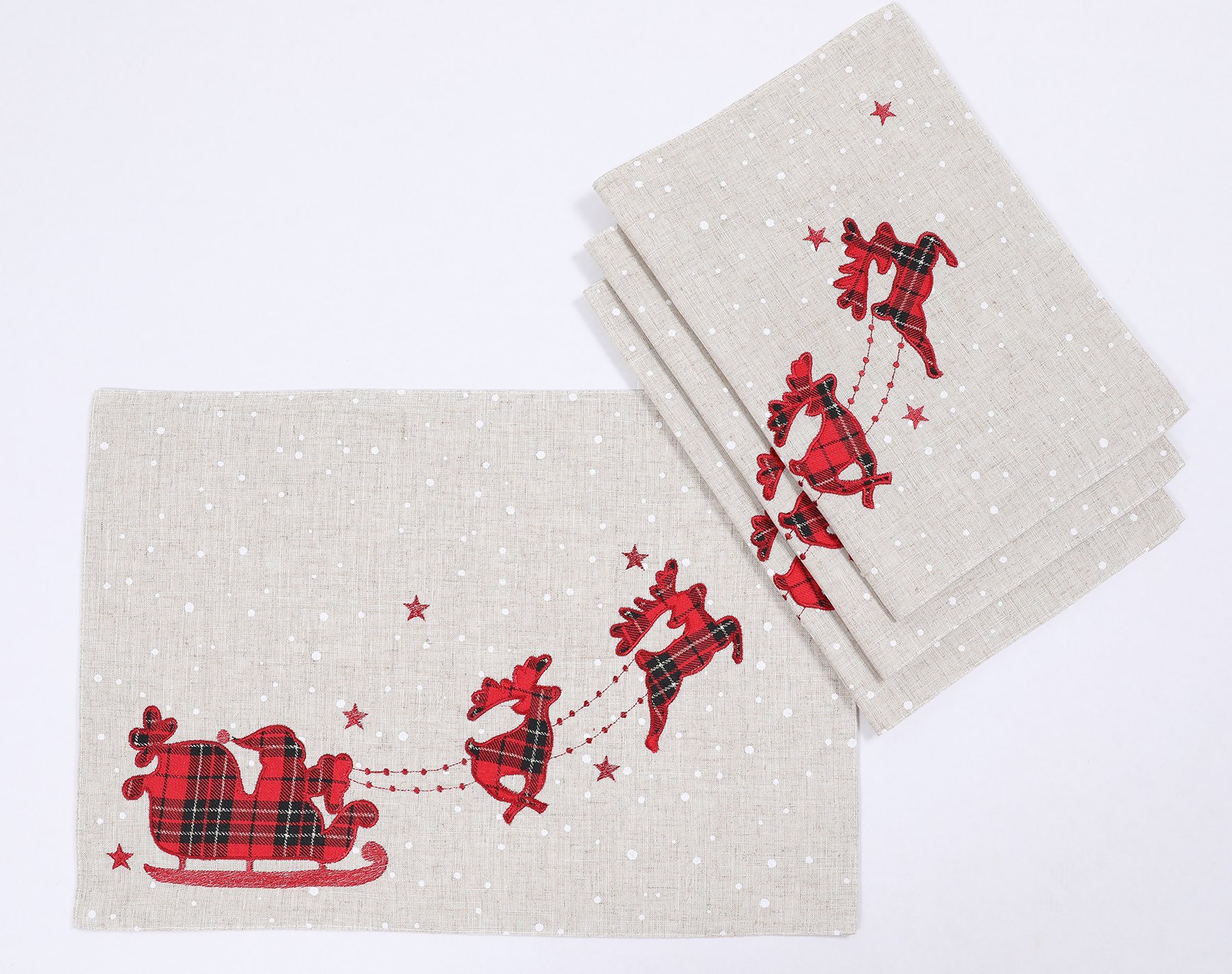 XD19881 Applique Tartan Santa Sleigh with Reindeers on a snow dot printed linen blend fabric, showcasing classic plaid design.