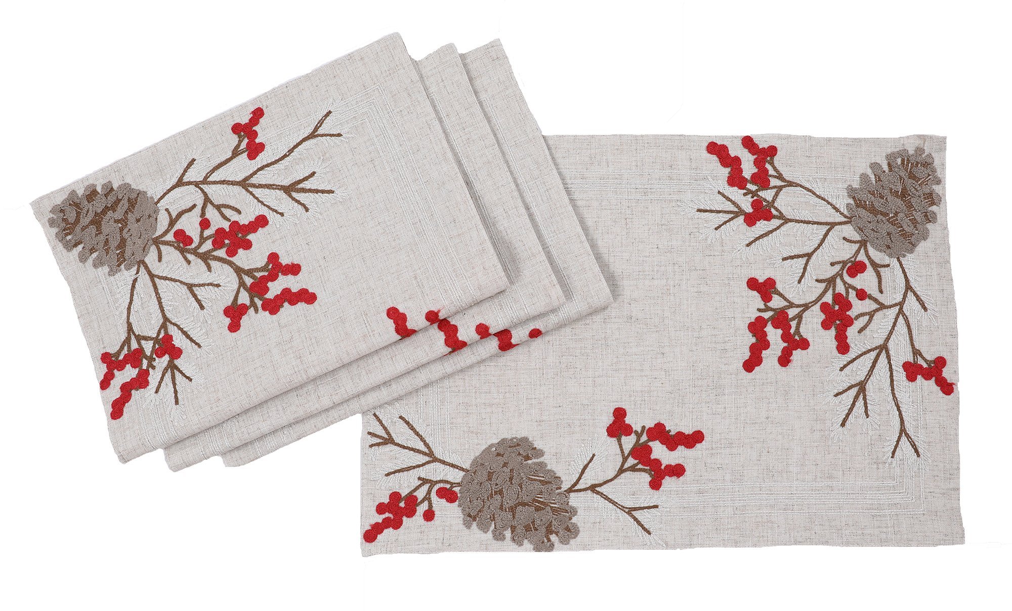 Christmas Pine Cone Crewel Embroidered Placemats featuring intricate designs on natural linen blend fabric, perfect for holiday dining.
