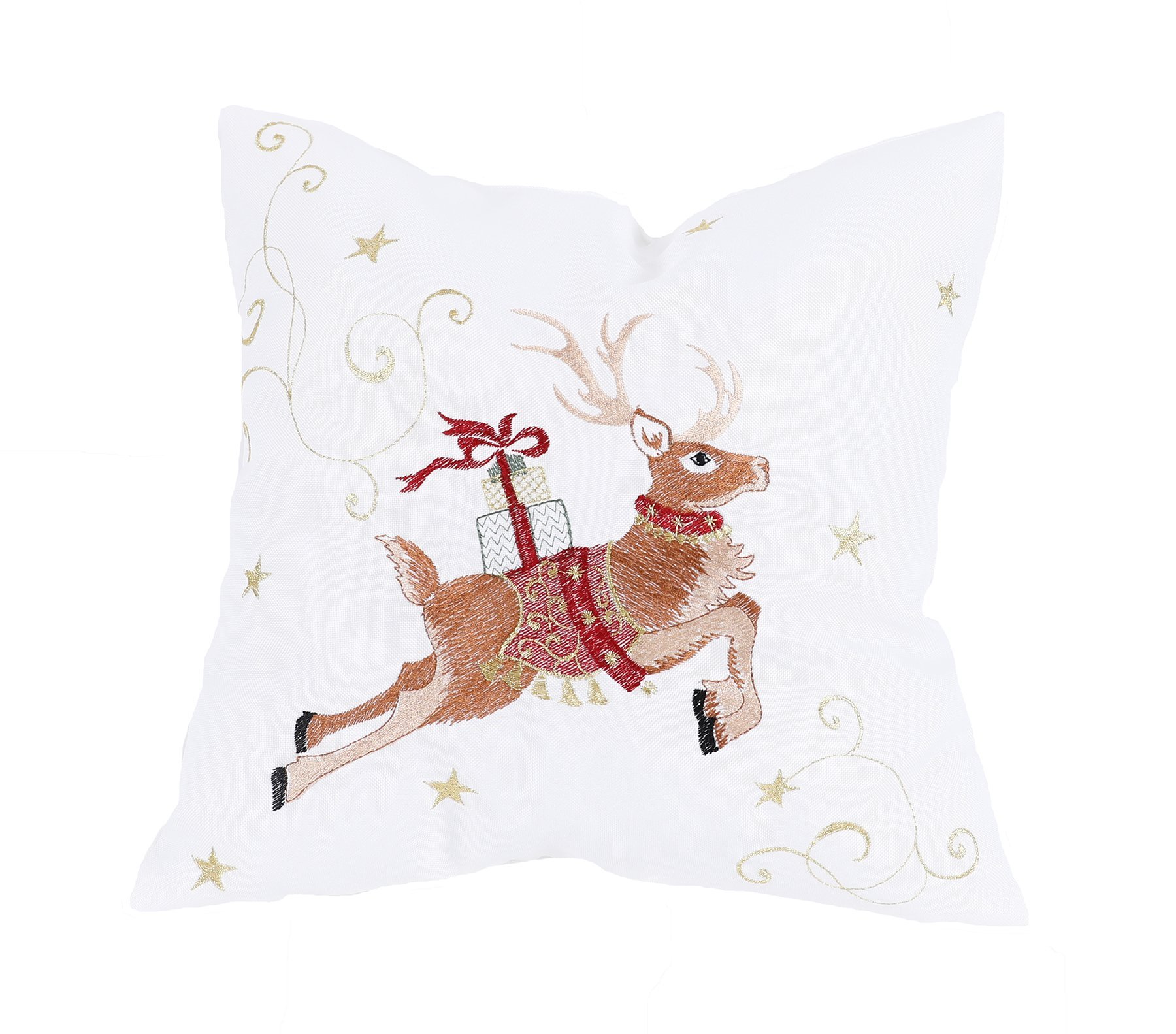 14 by 14-inch Christmas pillow featuring a lively reindeer embroidered with gifts, golden ribbons, and stars, perfect for holiday decor.