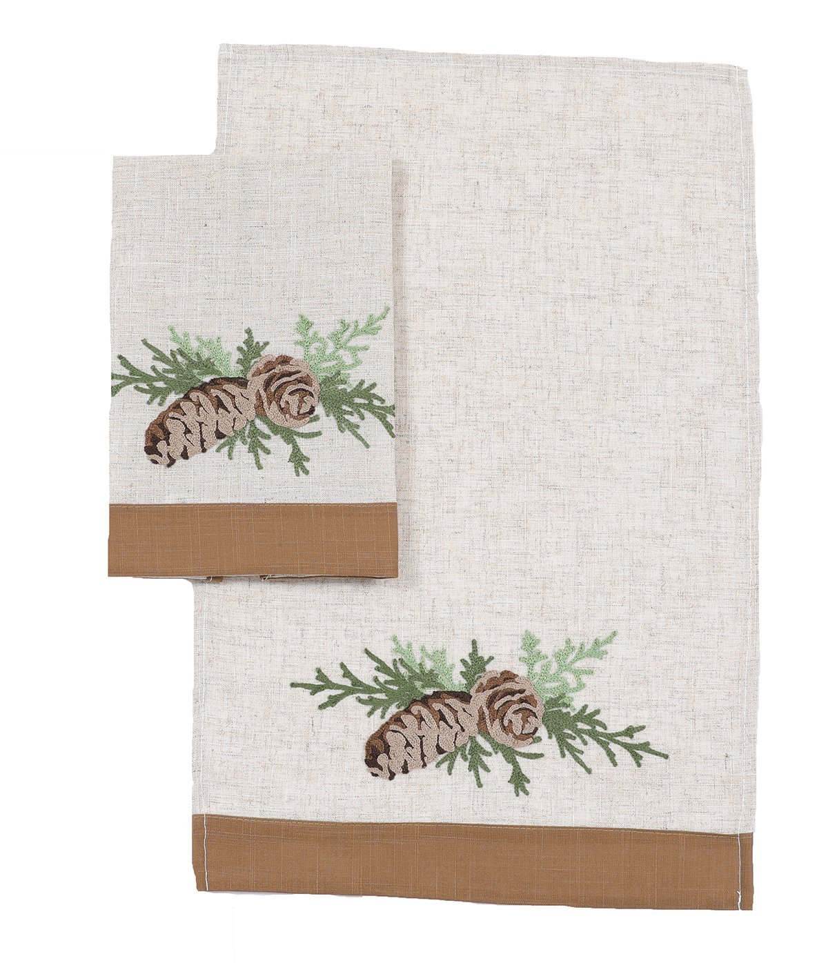 Winter Pine Cones and Branches Crewel Embroidered Decorative piece on natural linen blend fabric, showcasing intricate embroidery.