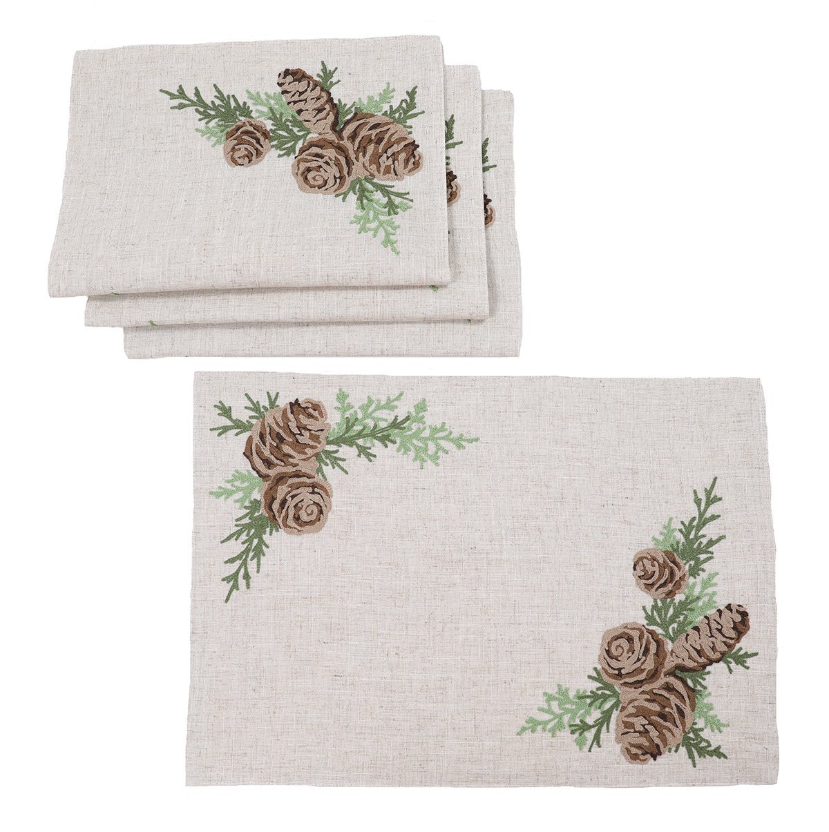 Winter Pine Cones & Branches Crewel Embroidered Placemats featuring intricate embroidery on natural linen blend fabric.