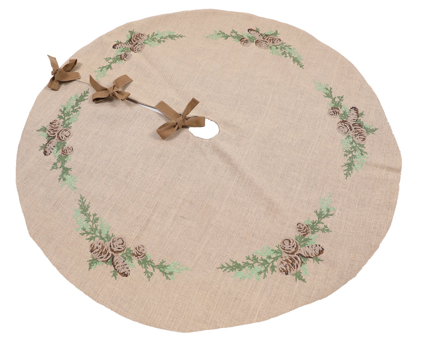 Winter Pine Cones & Branches Crewel Embroidered Tree Skirt featuring intricate designs on natural linen blend fabric.
