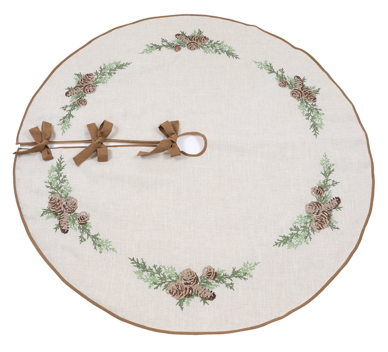 Winter Pine Cones & Branches Crewel Embroidered Tree Skirt featuring intricate designs on natural linen blend fabric.