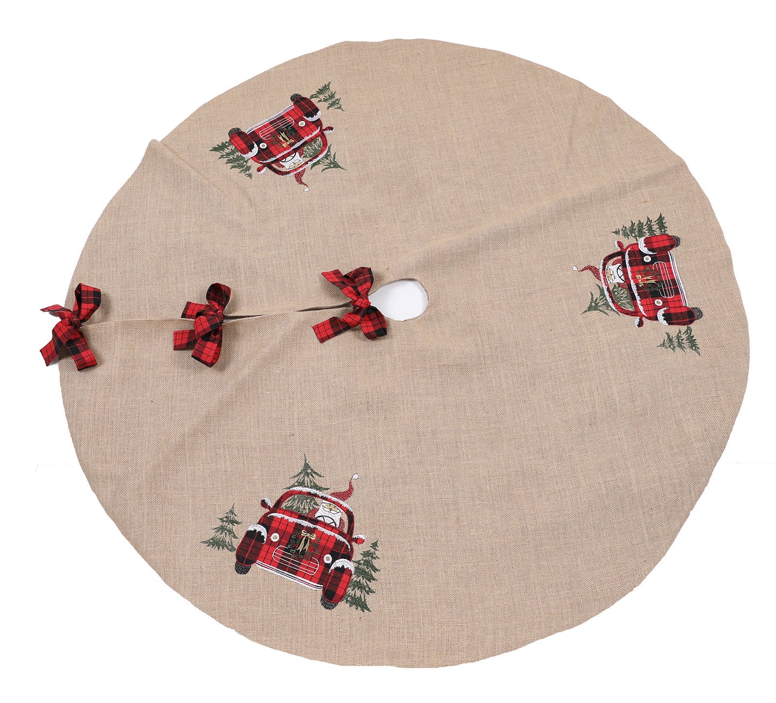 56-inch round Christmas tree skirt featuring Santa Claus riding a plaid car with a snowy background, perfect for festive holiday decor.