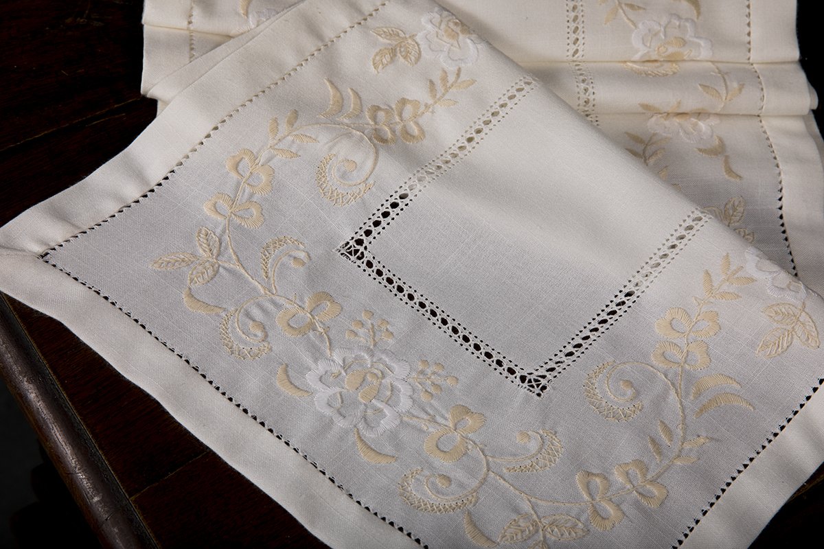 XD2285 Belle Garden Table Runner featuring intricate floral embroidery on a cotton linen blend fabric, perfect for elegant dining settings.
