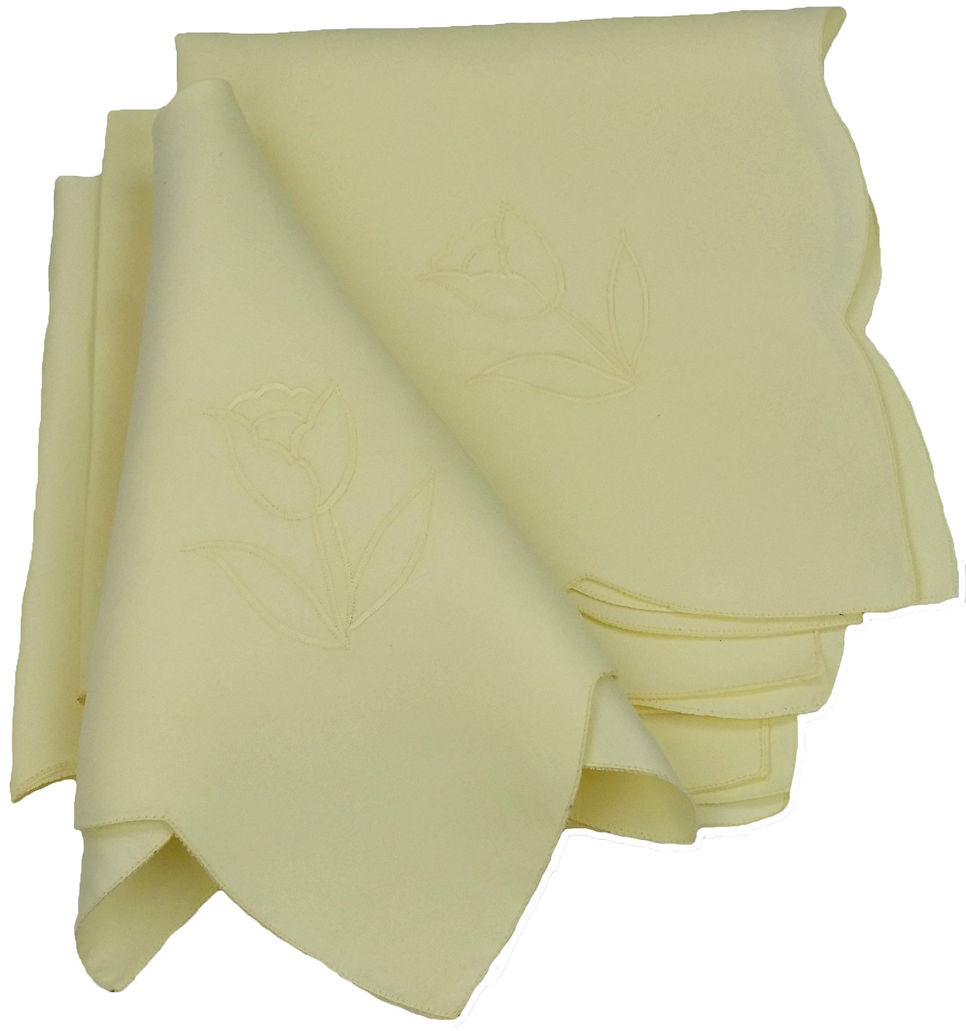 Set of 4 yellow tulip bouquet napkins with intricate embroidery, perfect for spring and summer table settings.