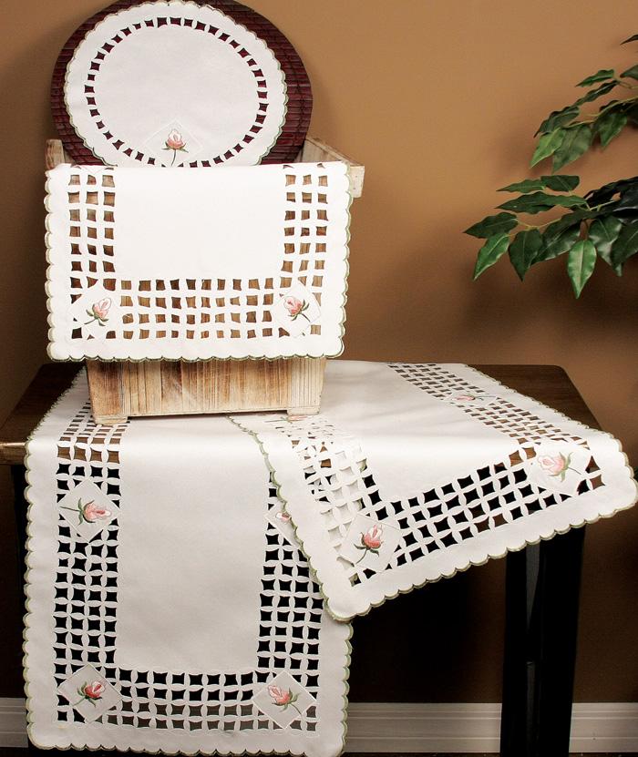 XD46112 Rose Collection featuring elegant rose embroidery and intricate cutwork on table linens, perfect for spring and summer dining.