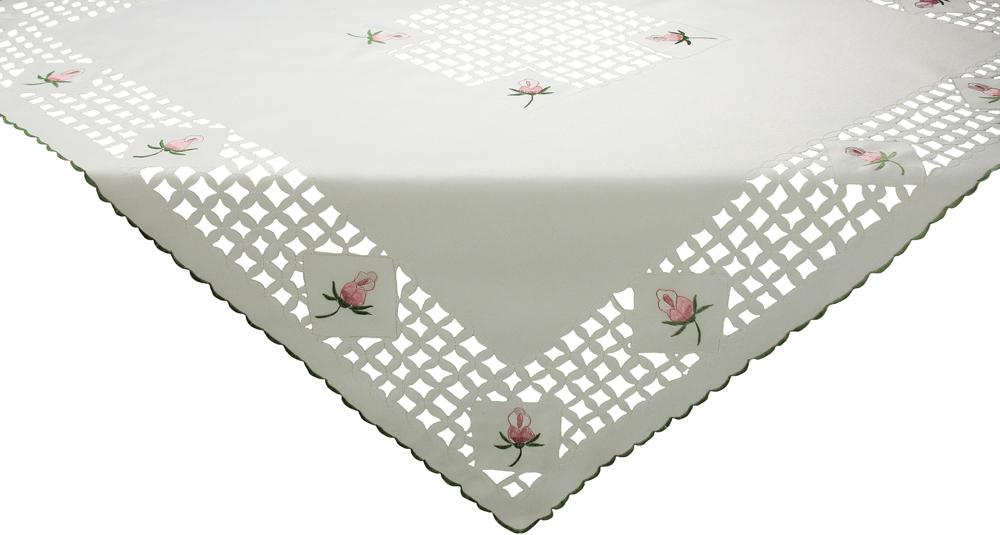 XD46112 Rose Collection featuring elegant rose embroidery and intricate cutwork on table linens, perfect for spring and summer dining.