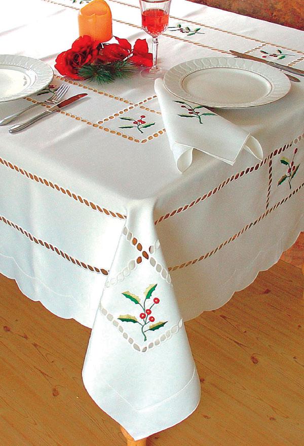 XD46141 Holly Berry Collection featuring elegant holly berry embroidery and intricate cutwork on white linens.