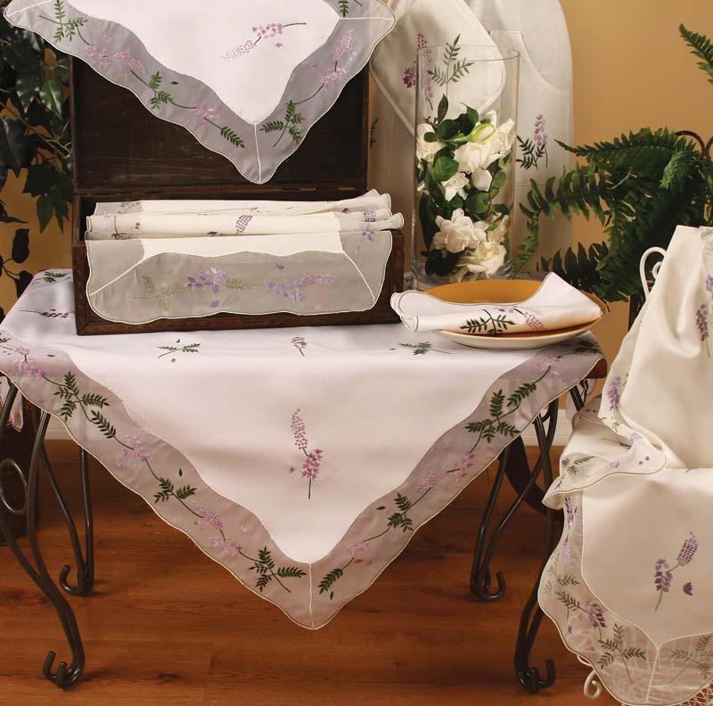 Elegant table linens from the XD46118 Lavender Collection featuring embroidered lavender flowers on sheer and regular fabric.